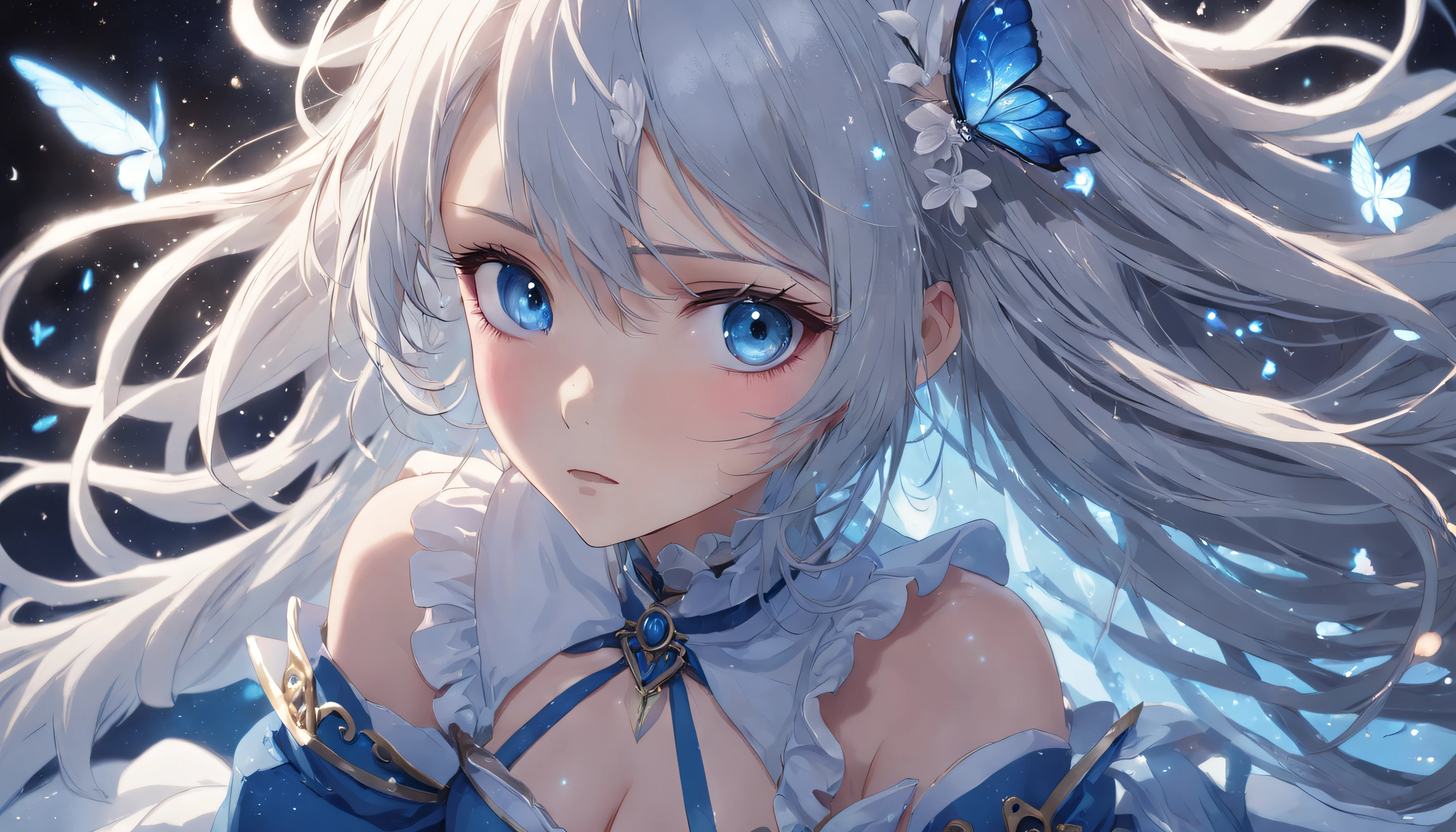 masterpiece, best quality, movie still, (Overhead view),dynamic angle,ultra-detailed, illustration, close-up, straight on, 1girl, (fantasy:1.4), (azure blue eyes:1.233),Her eyes shone like dreamy stars,(glowing eyes:1.233),(beautiful and detailed eyes:1.1),(Silver hair:1.14),(messy hair,very long hair,french braid,hair between eyes,sidelocks), (+(bule hair flower:1.14)),(chiffon dress,bule flower pattern in uniform)/=(military uniform:1.24),(detached sleeves,wide sleeves),(fingerless gloves),choker,(miko thighhighs),High heeled boots,(expressionless,closed mouth),(standing), (classical Princess boudoir with dressing tableand french windowin a white ancient palaces),(white flowers,bloom),(abysmal sea),(flowing water),(a dull blue world tree:1.14),(ruins),(night:1.2),dreamy,soul,(fluorescence),(flying translucent blue butterflies:1.15), [[delicate fingers and hands:0.55]::0.85],(detail fingers),(yubao:0.5),