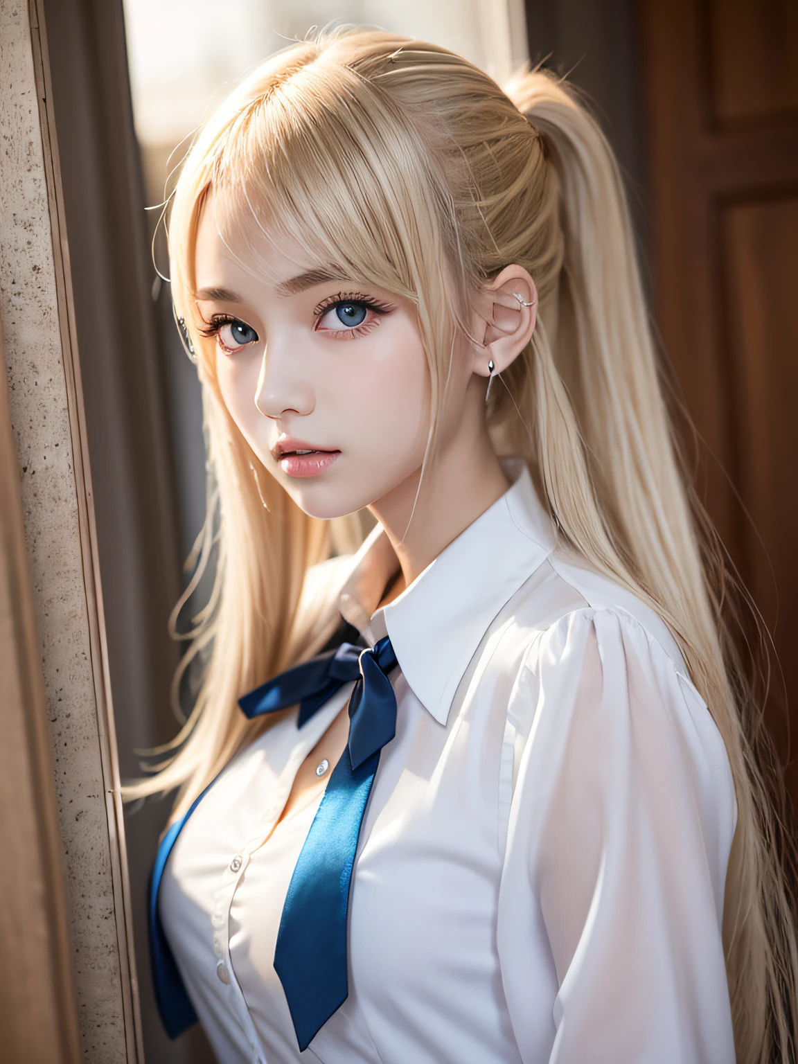portlate、School Uniforms、bright expression、poneyTail、Young shiny shiny white shiny skin、Best Looks、Blonde reflected light、Platinum blonde hair with dazzling highlights、shiny light hair,、Super long silky straight hair、Beautiful bangs that shine、Glowing crystal clear attractive big blue eyes、Very beautiful nice cute 16 year old girl、Lush bust,White and beautiful blouse、((The whole body is visible1.5))++、