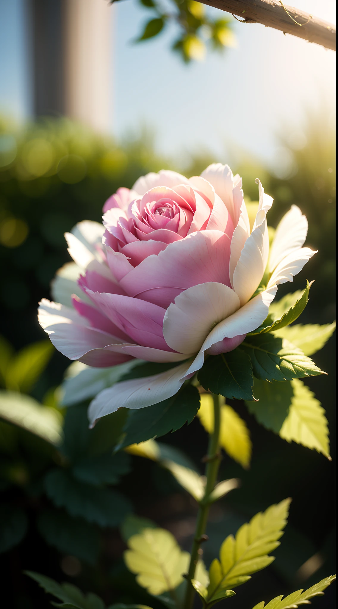 Masterpiece , Macro photography , cobweb, film grain, bokeh , green smoke , highly detailed, sunny weather, microflowers, shine, blur, realistic crystal rose and shaggy peony close-up, azure background, soft contrast, octane render ,
