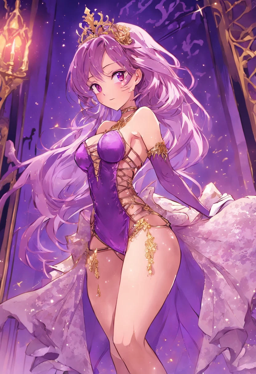 "A confident princess adorned in regal purple attire, flaunting intricate lace details and sparkling gold high heels. gold sling bikini, elegant white silk gloves, and a cinched corset."