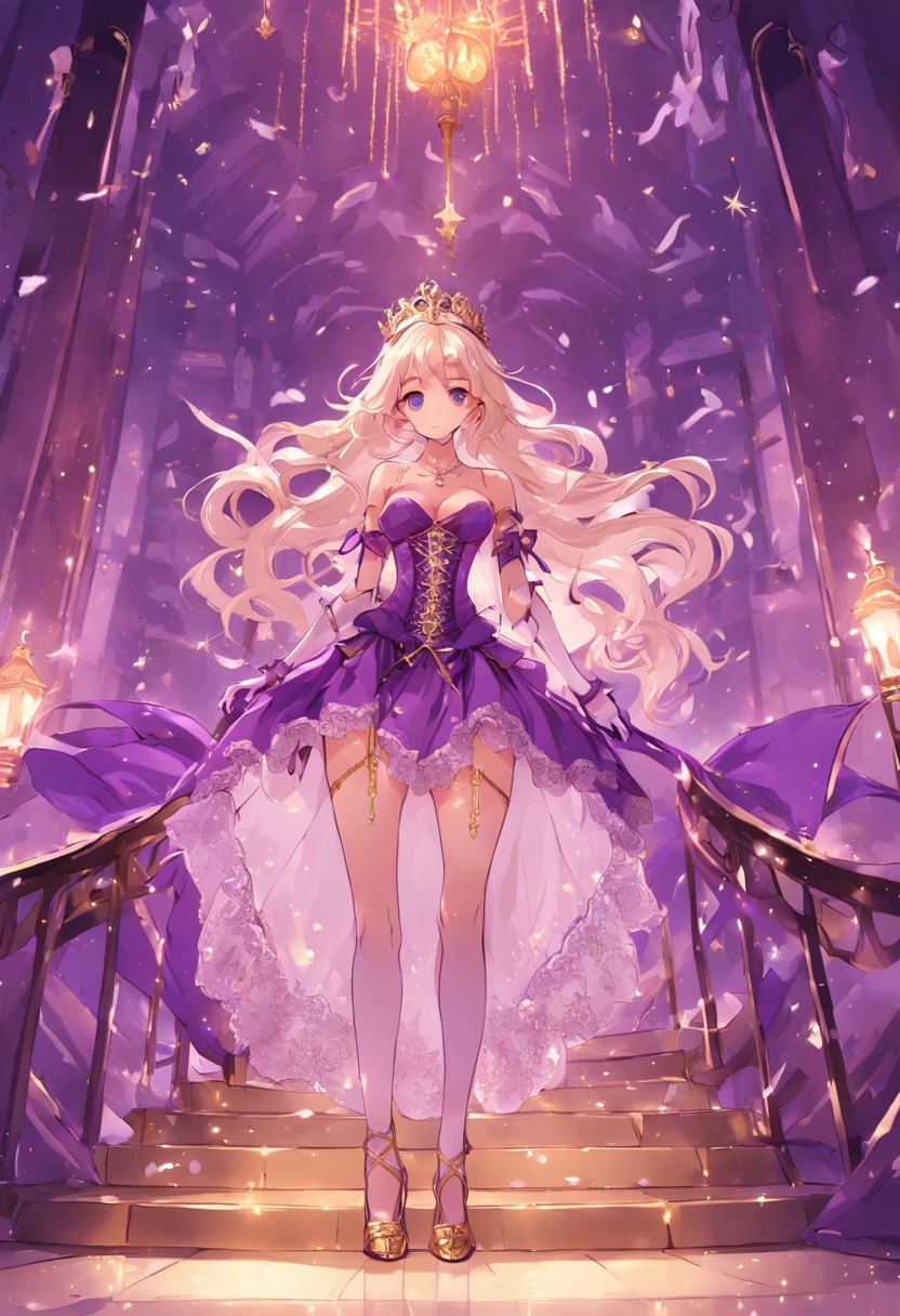 "A confident princess adorned in regal purple attire, flaunting intricate lace details and sparkling gold high heels. gold sling bikini, elegant white silk gloves, and a cinched corset."