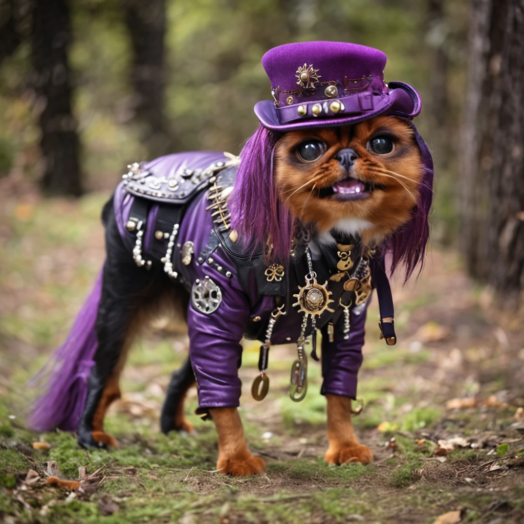 persian cat Anthropomorphic, steampunk ,, , studded leather jacket with intricate ornamentation orange and purple , pirate steampunk theme,, , highest quality,, very angry face, body fitness, full body, long hair with braids , at night in the cemetery with fireflies