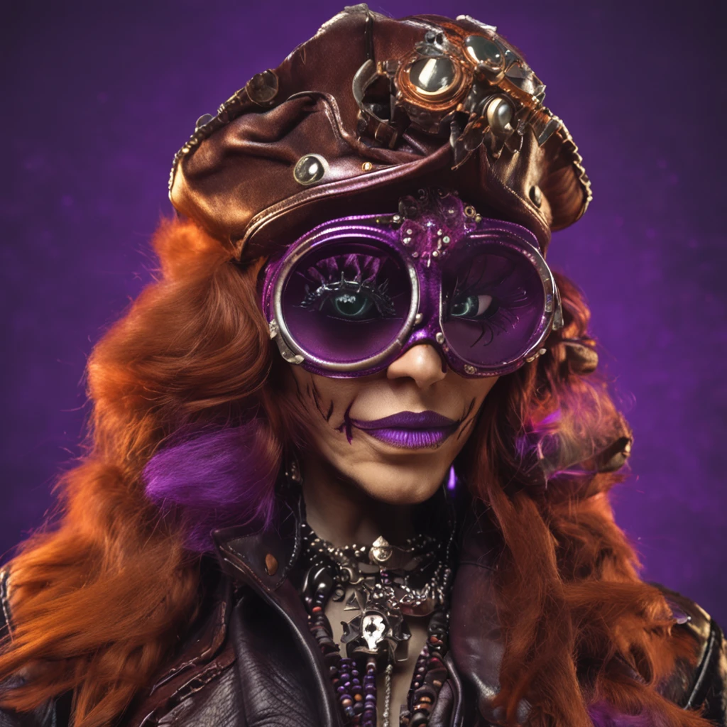 persian cat Anthropomorphic, steampunk ,, , studded leather jacket with intricate ornamentation orange and purple , pirate steampunk theme,, , highest quality,, very angry face, body fitness, full body, long hair with braids , at night in the cemetery with fireflies