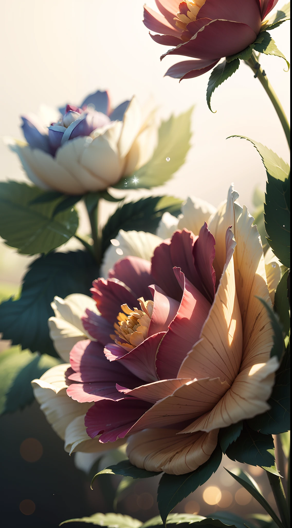 Masterpiece , Macro photography , cobweb, film grain, bokeh , green smoke , highly detailed, sunny weather, microflowers, shine, blur, realistic crystal rose and shaggy peony close-up, azure background, soft contrast, octane render ,