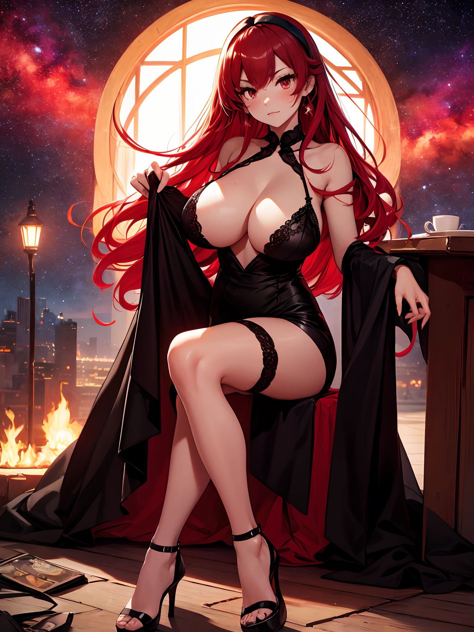 best qualityer，tmasterpiece，Ultimate resolution，downy，Extremely colorful，Colorful，Lady，a matural female，Black dress long dress，Gorgeous dress，huge tit，（long red hair，A burn），（black lence stockings，Stiletto sandals），soles of feet，red starry sky，Normal posture，Normal posture