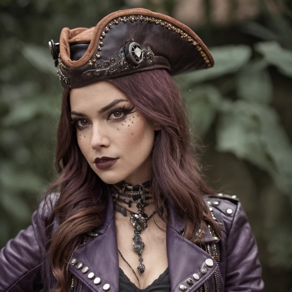 persian cat Anthropomorphic, steampunk ,, , studded leather jacket with intricate ornamentation orange and purple , pirate steampunk theme,, , highest quality,, very angry face, body fitness, full body, long hair with braids , at night in the cemetery with fireflies