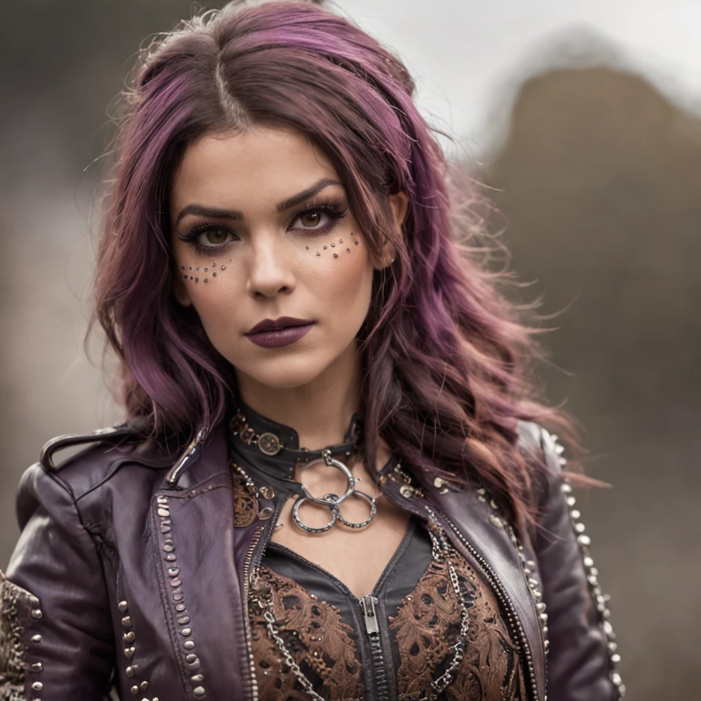 persian cat Anthropomorphic, steampunk ,, , studded leather jacket with intricate ornamentation orange and purple , pirate steampunk theme,, , highest quality,, very angry face, body fitness, full body, long hair with braids , at night in the cemetery with fireflies