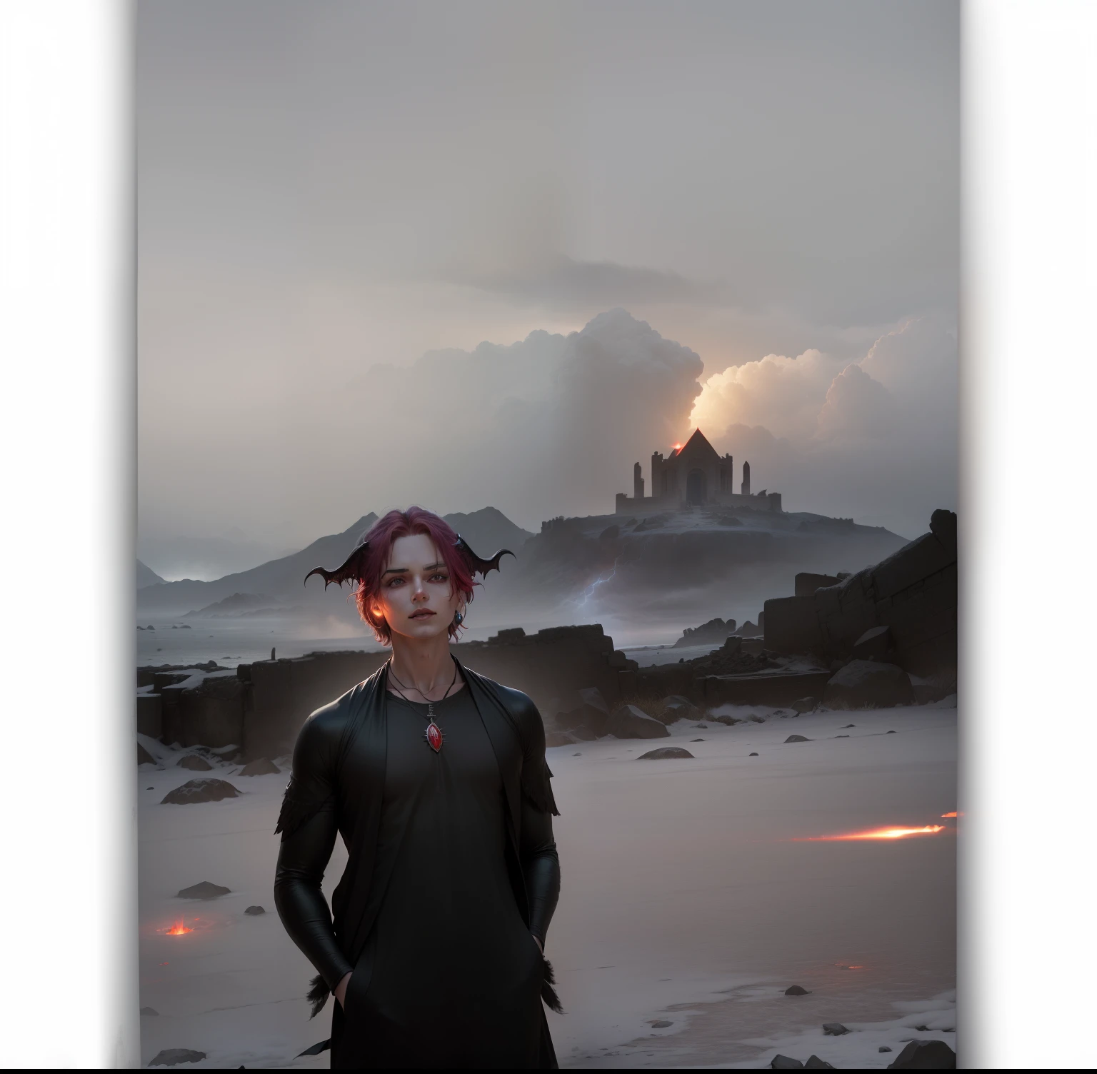 (Numerous award-winning masterpieces of, With incredible details, textures and maximum detail), (Ultra photo realsisim:1.4), (Realistic:1.3), (best quality real texture skin), (Fine true circle Symmetrical eyes), finerly detailed face, ((medieval world)), ((The Lord's Black Devil)), ((The Lord's White Devil)), (icy look in the eye), ((full-body standing image)), (She has a mischievous smile on her face), (Eyes that glow red in the dark:1.5), (The devil dances in the background), ((full-body portraits)), (Dramaticlight), (A majestic sight), (Her countenance is gentle and beautiful, but somehow terrifying), ((large wings，The feathers are behind the shoulders)), (((Folded wings))), Glass earrings on the ears, (((Dramatic photo))), (Twilight), (Sunset), (Dusk), (Seduction pose), ((dramatic pose)), (flamboyant photo), (Golden hair), (Silver hair), (maroon hair), short detailed hair, ((head looking up)), ((Looking down)), ((gives full-body standing image)), (Around her neck is a simple necklace of exquisite workmanship), (swirling fire), (Spin lightning), (Swirling snow and ice), Old ruins infested with plants, great temple, great cathedral, Temple ruins, detached temple, Luminous magic circle, Ancient Castle Site, Deserted ruins, crumbling ruins, Ancient ruins with clear water, wavelets, running water, Shining majestic cloud masses and sky, salama, epic realistic, ((com cores neutras)), (hdr:1.5), (pastel colour:1.2), ultra - detailed, Cinematic, warm lights, Dramaticlight, (Intricate details:1.1), the complex background,