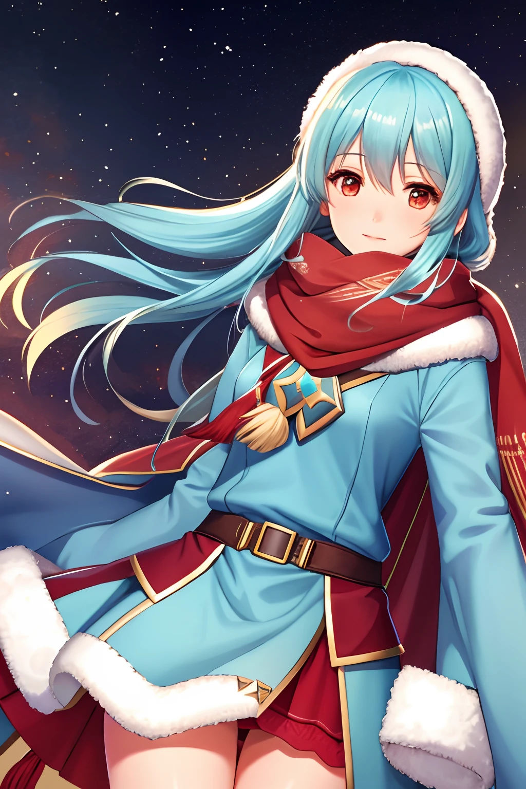 ninian fe, 1girll, Solo, winter, wintercoat, Fur trim, Long sleeves, mitts, Scarf, :Tai, Red eyes, Upper body