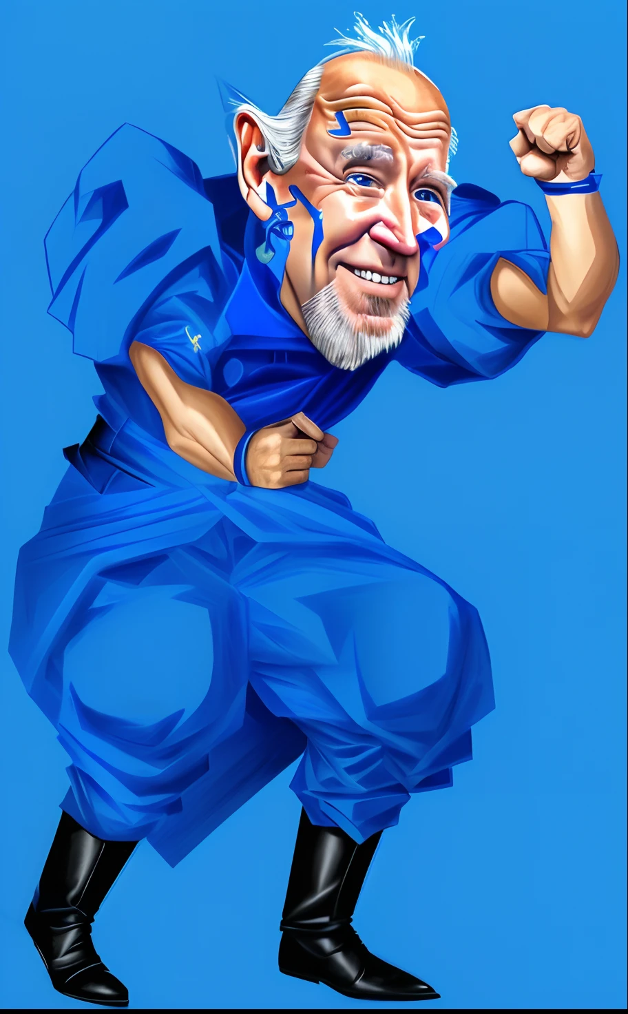 a realistic caricature of joe biden with a big head wearing blueish clothing