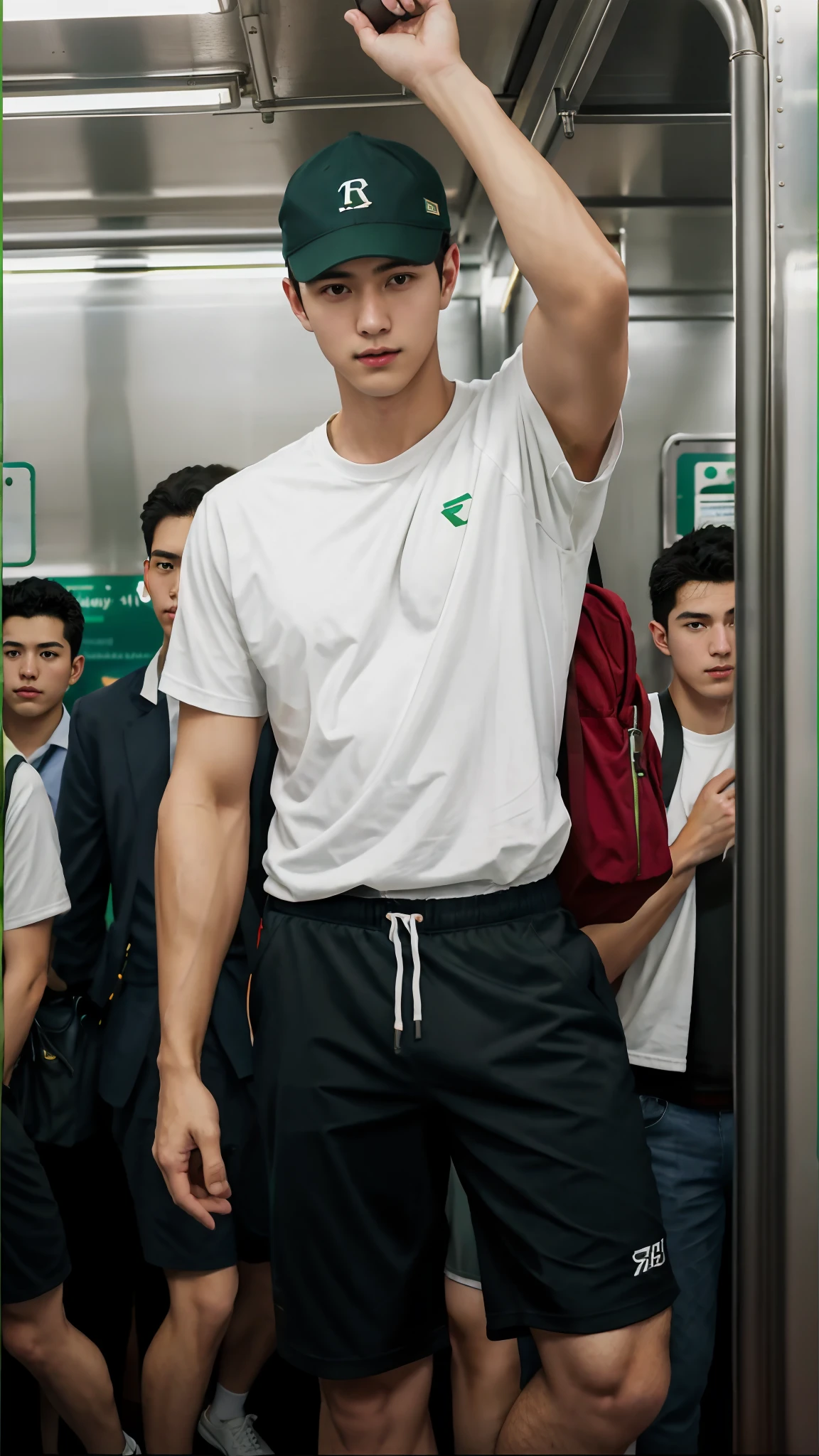 1人，A 20-year-old man in the subway，Standing in a subway car，Ultra-flat head，White sports T-shirt，Dark green sports shorts，leg apart，Slender figure，Handsome，Looking at the phone，Red sports backpack，white short socks，White sneakers，White baseball cap，exhilarated，Be red in the face，full bodyesbian，Exposing thighs，Expose calves，Thick leg hair，In crowded subway cars，gentlesoftlighting，tmasterpiece，best qualtiy，8K  UHD，digital SLR camera，filmgrain，Fujifilm XT3 Realistic painting art，Written by Midjourney and Greg Rutkowski