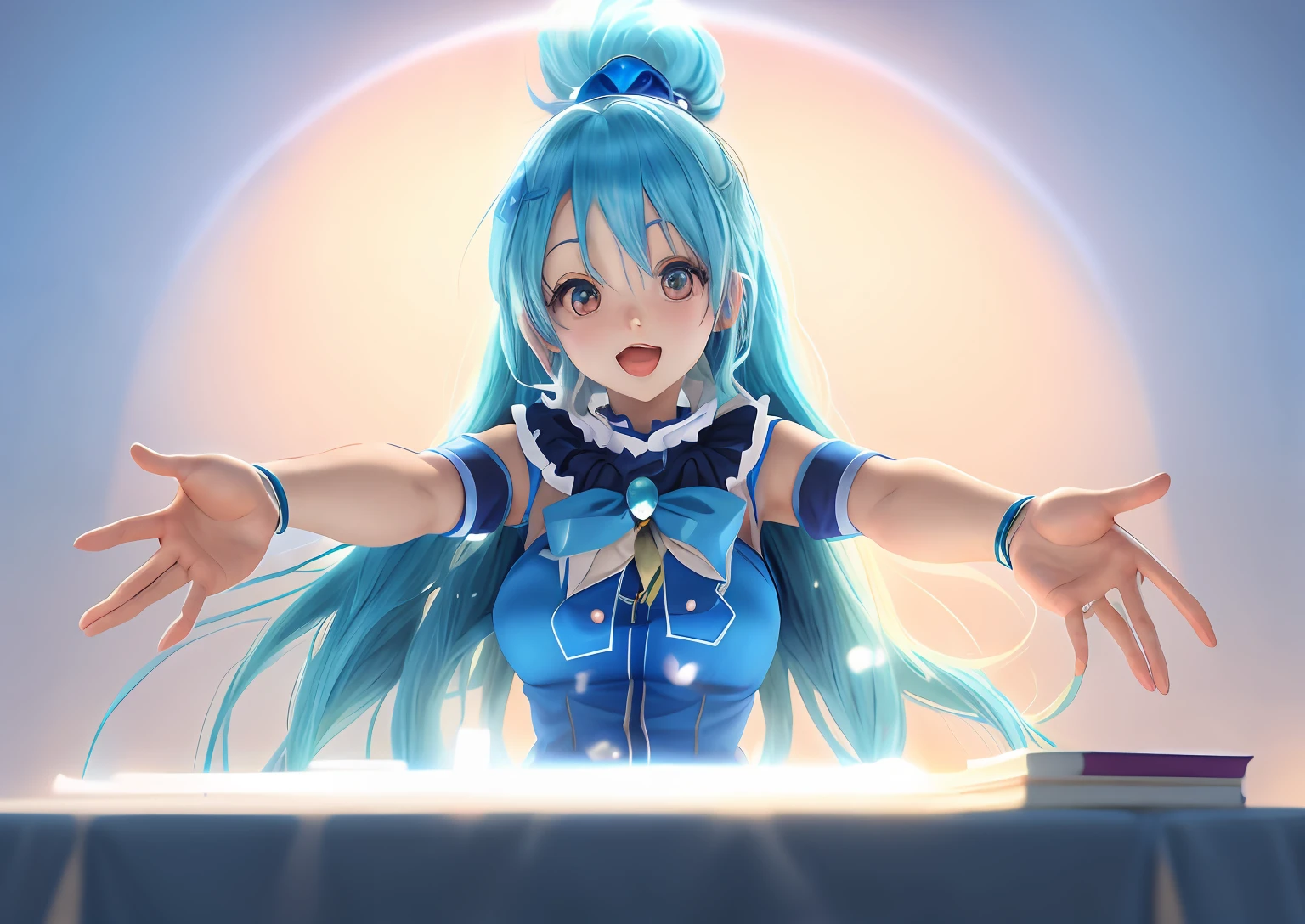 arafed image of a woman with blue hair and a blue dress, Mikudayo, anime moe art style, render of a cute 3d anime girl,(( aqua from konosuba)), pixiv 3dcg, Anime! 4K, Anime! 4 k、Chaotic color background、masutepiece、Ultra-detailed depiction、top-quality、Absolutely、