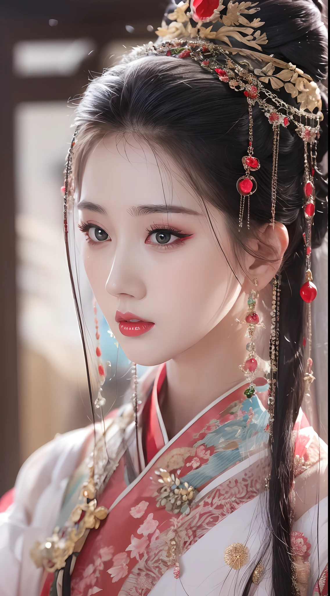 1 very beautiful queen medusha in hanfu dress, thin red silk shirt with many yellow motifs, black lace top, long hair dyed black, beautiful hair jewelry, extremely detailed and exquisitely crafted jewelry, gold jewelry, red ruby inlaid necklaces, pretty face pretty, perfect face, earring jewelry, head and hair jewelry, antique jewelry, big eyes, sharp eye makeup, meticulous makeup eyelashes, thin eyebrows, nose tall, pretty red lips, no smile, ((closed mouth:0.9)), pursed lips, rosy cheeks, breast augmentation, round lifting breasts, moderately large breasts, well-proportioned breasts, slim waist, slim waist, red mesh stockings with black lace, Chinese hanfu style, fictional art patterns, colors vivid and realistic, RAW photos, realistic photos, ultra-high quality 8k surreal photos, cool photos, (virtual lighting effects: 1.8), 10x pixels, magic effects (background): 1.8), eyes wide open, super detailed eyes, beautiful girl body portrait, girl alone, ancient hanfu background, looking directly at the audience, wide original photo, 8k quality, super sharp, detailed and clear picture best, detailed light background,