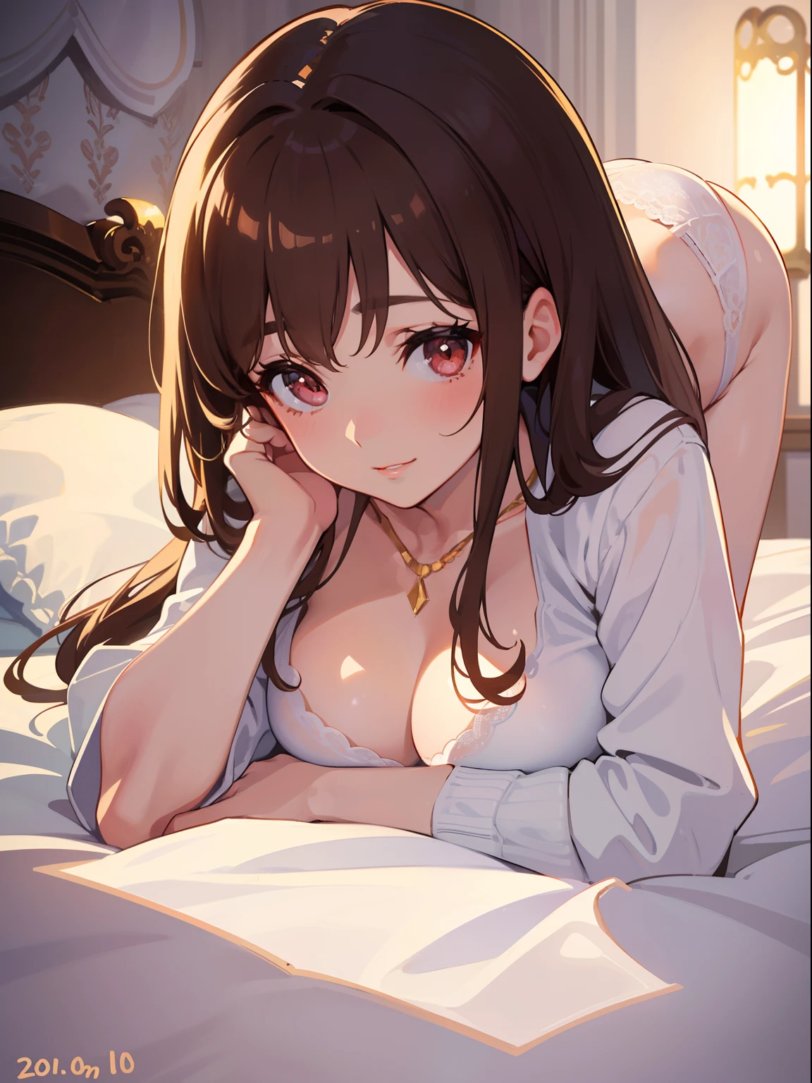 DETAILED, DENSE, MASTERPIECE, one girl, beautiful, wearing white cardigan, one girl lying on bed with blanket, brown hair, 22 years old, smooth skin, glowing skin, glowing hair, clear eyes, glowing eyes, brown eyes, soft lips, pale pink lips, (viewer Looking down: 0. 8) smiling slightly, cheeks stained, shy, mouth open, bangs, white sleeves, white clothing, one girl, soft skin, large breasts, glowing skin, cinematic lighting, rich lighting, room lighting, simple gold necklace, diamond necklace, white Lace bra, white lace panties, white lace underwear, high angle, low angle, (Masterpiece: 1.0), (Realistic: 1.6), (Soft Focus: 1.5)