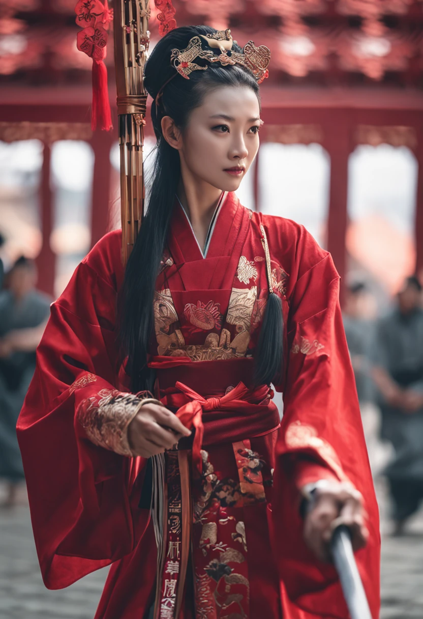 A woman dressed in red Chinese Han clothes holds a sword in front of a crowd, xianxia fantasy, Wuxia, full-body wuxia, Hanfu, xianxia hero, inspired by Du Qiong, Chinese fantasy, three kingdom, palace, A girl in Hanfu, Aegis, The costumes are exquisite, Beautiful face, dignified, vibrancy, hair ornament, chiaroscuro, cinematic lighting, UHD, ccurate, anatomically correct, textured skin, masterpiece, 4K