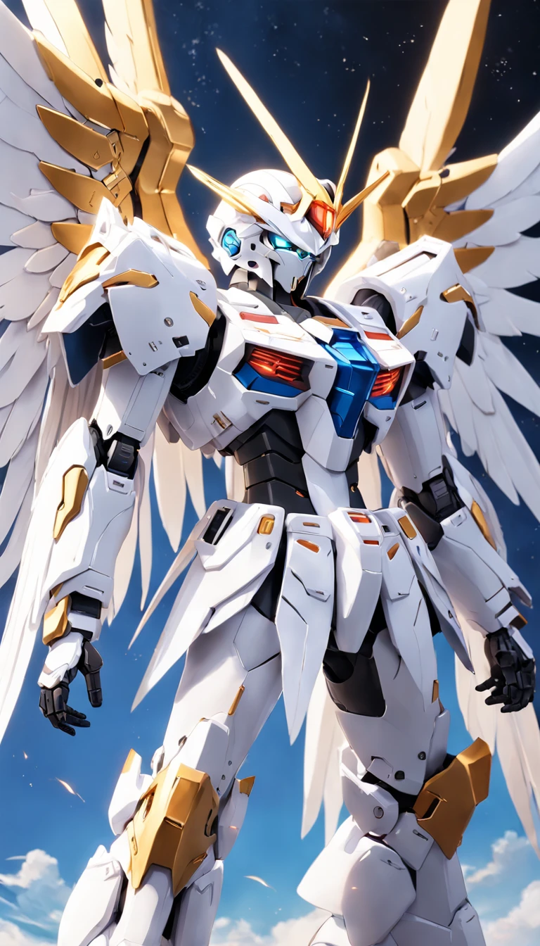 Arafat model of a white and blue robot with wings, mech wings, gundam wing style armor, armor angle with wing, gundam, wide angel shot, big white glowing wings, high angel distant shot, GUNPLA, super wide angel, close up angle, wingspan, With wings. Ultra-detailed, huge feathery wings, gundam is windmill shaped