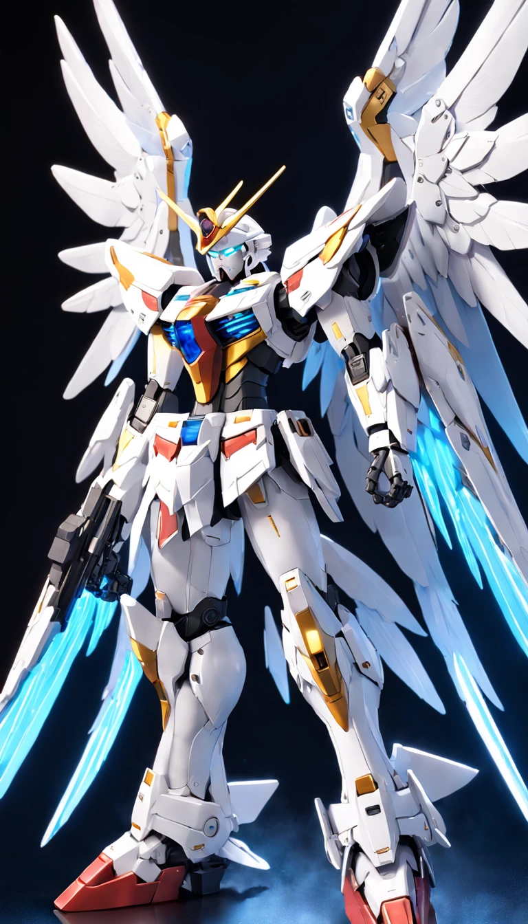 Arafat model of a white and blue robot with wings, mech wings, gundam wing style armor, armor angle with wing, gundam, wide angel shot, big white glowing wings, high angel distant shot, GUNPLA, super wide angel, close up angle, wingspan, With wings. Ultra-detailed, huge feathery wings, gundam is windmill shaped