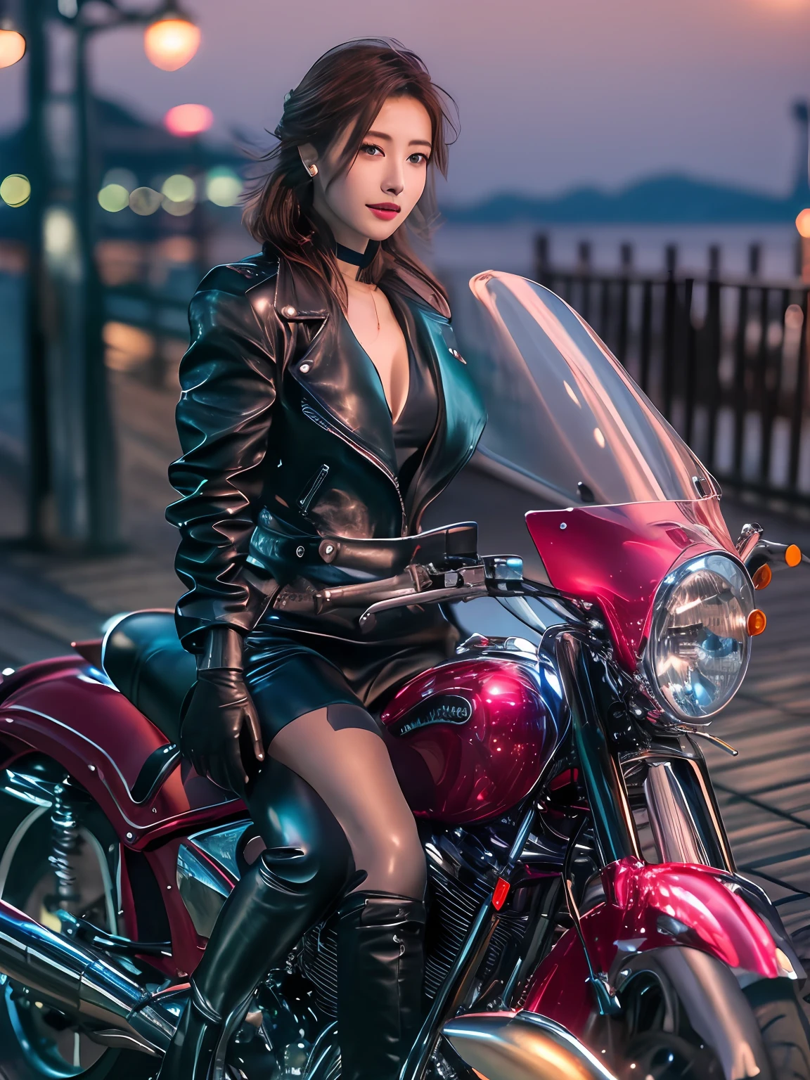 (masutepiece), Full body shot, photo of the whole motorcycle, Cute young woman in Japan, Ride an old traditional shiny metallic silver motorcycle at the wharf, glamorous shape, shoulder length shiny smooth light brown hair, Wearing a leather black riding jacket, Glossy satin red bikini under riding jacket, Leather Black Riding Gloves, Leather Black Pants, Leather Black High Heel Long Boots, staring at night view over the sea, absolutely pretty face, Double eyelids, Natural makeup, long eyelashes, Glossy lips, 8K resolution, high details, detailed hairstyle, Detailed face, Black eyes, elegent, epicd, Cinematic lighting, Octane Rendering, Vibrant, Hyper realistic, Fair skin, Perfect limbs, Perfect Anatomy