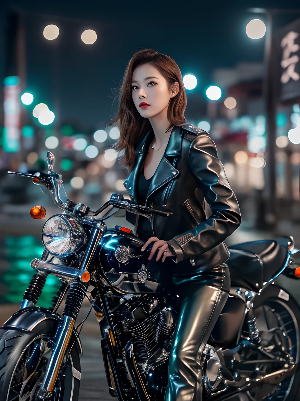 (masutepiece), Full body shot, photo of the whole motorcycle, Cute young woman in Japan, Ride an old traditional shiny metallic silver motorcycle at the wharf, glamorous shape, shoulder length shiny smooth light brown hair, Wearing a leather black riding jacket, Glossy satin red bikini under riding jacket, Leather Black Riding Gloves, Leather Black Pants, Leather Black High Heel Long Boots, staring at night view over the sea, absolutely pretty face, Double eyelids, Natural makeup, long eyelashes, Glossy lips, 8K resolution, high details, detailed hairstyle, Detailed face, Black eyes, elegent, epicd, Cinematic lighting, Octane Rendering, Vibrant, Hyper realistic, Fair skin, Perfect limbs, Perfect Anatomy