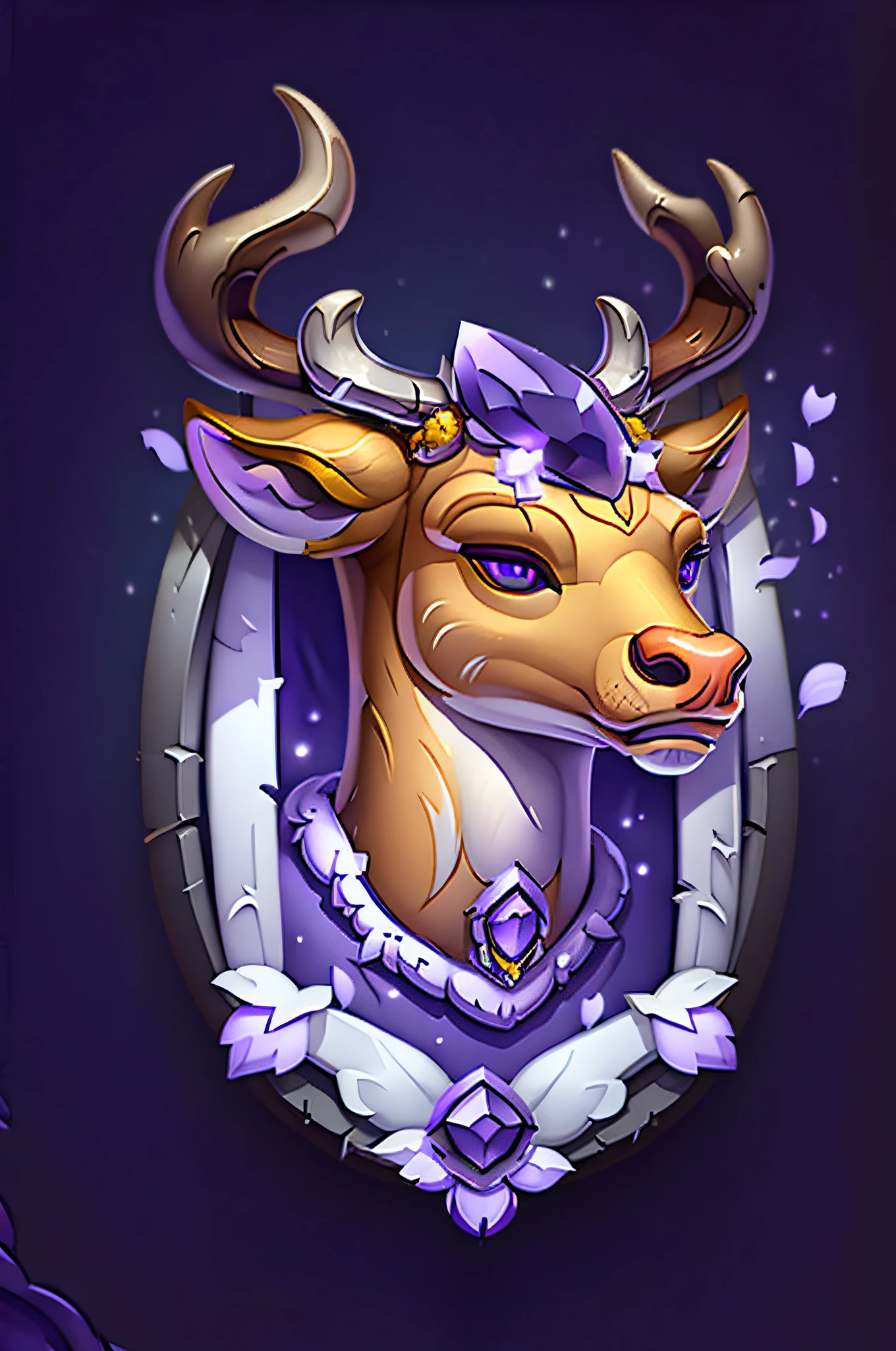 1 deer head icon chic large antlers decorated with petals, silver decoration, art deco elements, dark background, purple eyes crystals, a frame in the form of a coat of arms around a deer with lianas on it