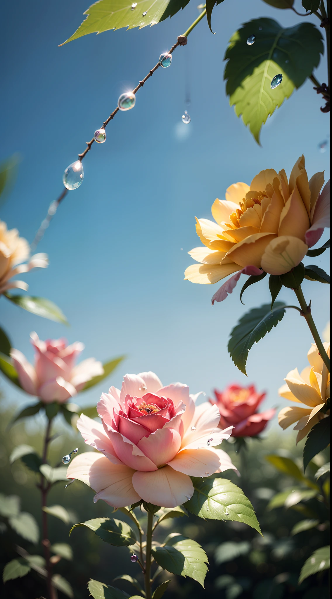 Masterpiece , Macro photography , cobweb, film grain, bokeh , smoke , highly detailed, Bright sunny weather, microflowers, drops, blur, realistic fluffy rose and shaggy peony close-up, azure background, soft contrast, octane render ,