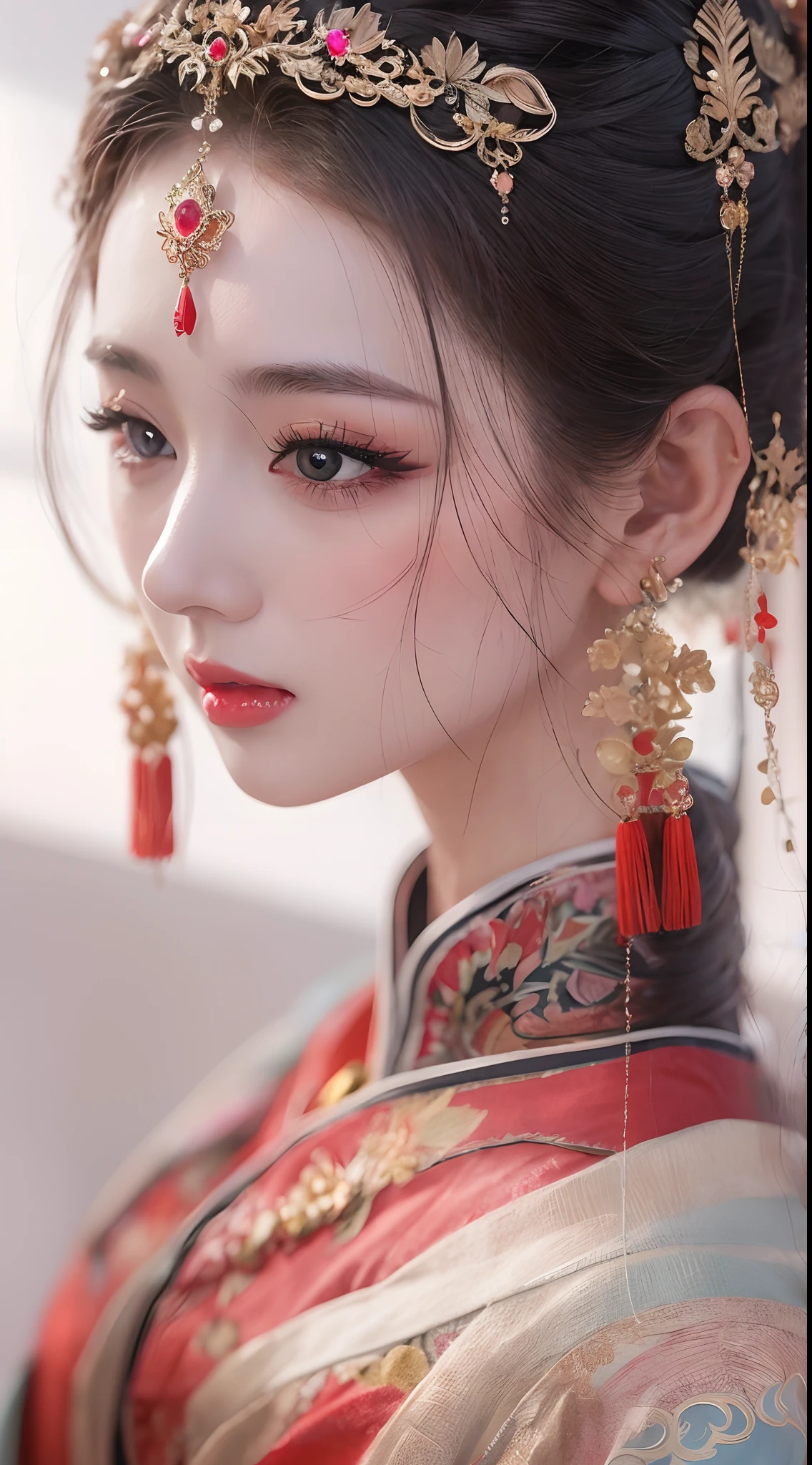 1 very beautiful queen medusha in hanfu dress, thin red silk shirt with many yellow motifs, black lace top, long hair dyed black, beautiful hair jewelry, extremely detailed and exquisitely crafted jewelry, gold jewelry, red ruby inlaid necklaces, pretty face pretty, perfect face, earring jewelry, head and hair jewelry, antique jewelry, big eyes, sharp eye makeup, meticulous makeup eyelashes, thin eyebrows, nose tall, pretty red lips, no smile, ((closed mouth:0.9)), pursed lips, rosy cheeks, breast augmentation, round lifting breasts, moderately large breasts, well-proportioned breasts, slim waist, slim waist, red mesh stockings with black lace, Chinese hanfu style, fictional art patterns, colors vivid and realistic, RAW photos, realistic photos, ultra-high quality 8k surreal photos, cool photos, (virtual lighting effects: 1.8), 10x pixels, magic effects (background): 1.8), eyes wide open, super detailed eyes, beautiful girl body portrait, girl alone, ancient hanfu background, looking directly at the audience, wide original photo, 8k quality, super sharp, detailed and clear picture best, detailed light background,