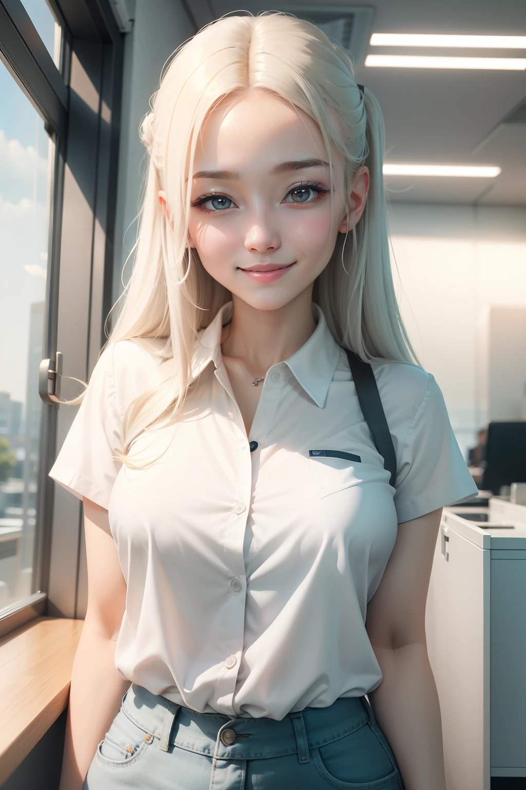 Super high quality, 8K, upper body, don't leak fingers, 1 girl, smile, solo, white skin, office, white shirt