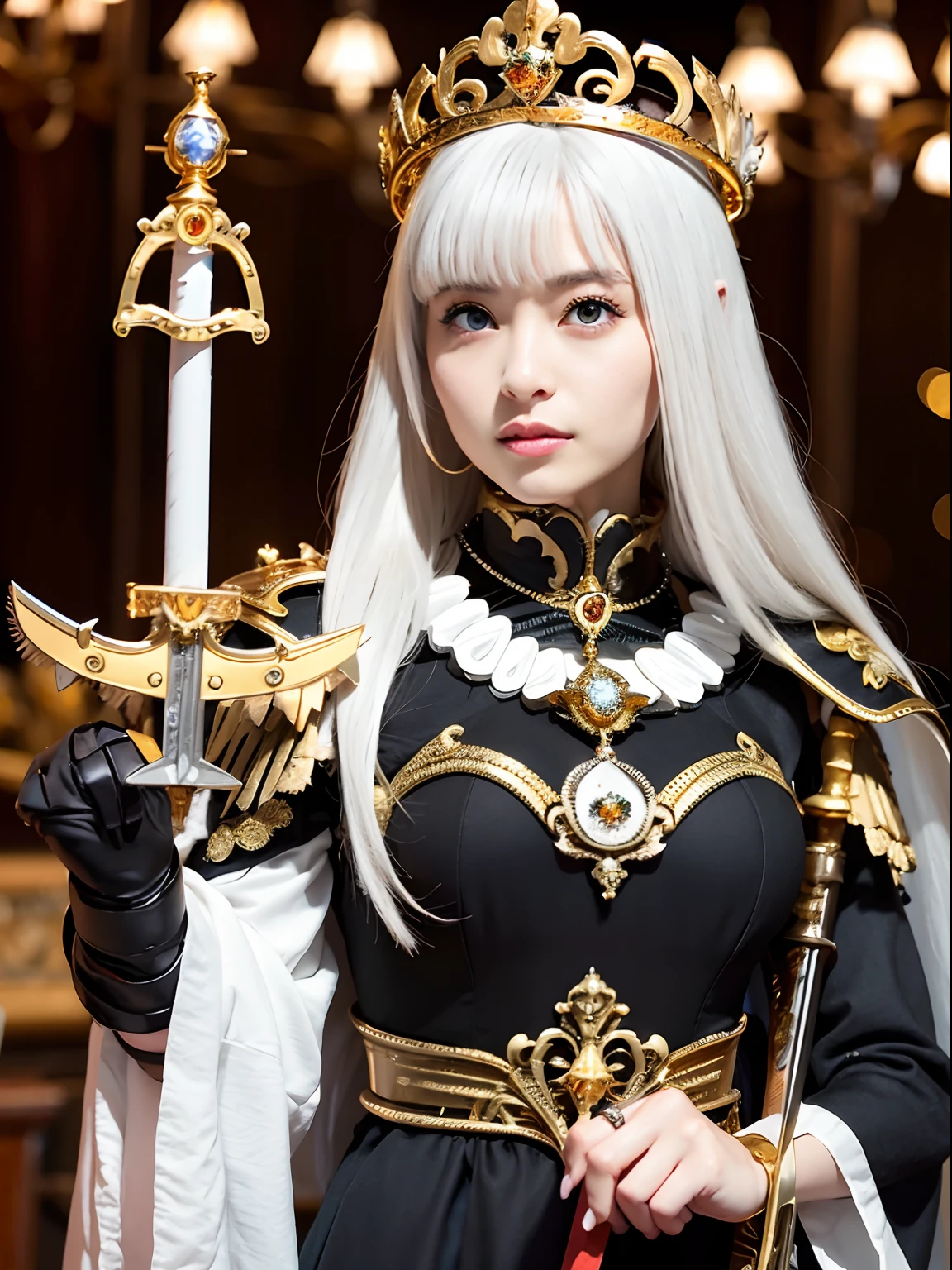 (masutepiece), Professional , masterpiece、top-quality、photos realistic , depth of fields (Gemstone Silver Metal Body:1.9),(Matte White、Jewel Gold Weapon(Jewel Metal Body:1.4),Gorgeous metal weapons , Detailed Sword of the Brave , Beautiful knife ,warhammer 40k , adepta sororitas,Detail and ornate jewel crown、Black hair、Gangle's forest background、Beautiful Caucasian beauty、1a person、dynamic ungle,(((Detailed and ornate diamond crown)))、Smaller head、A smile、Take a sexy pose、Background inside the castle、Thin and beautiful female hands、cleavage of the breast、Soldier in iron armor on background、Soldier in iron armor on background、