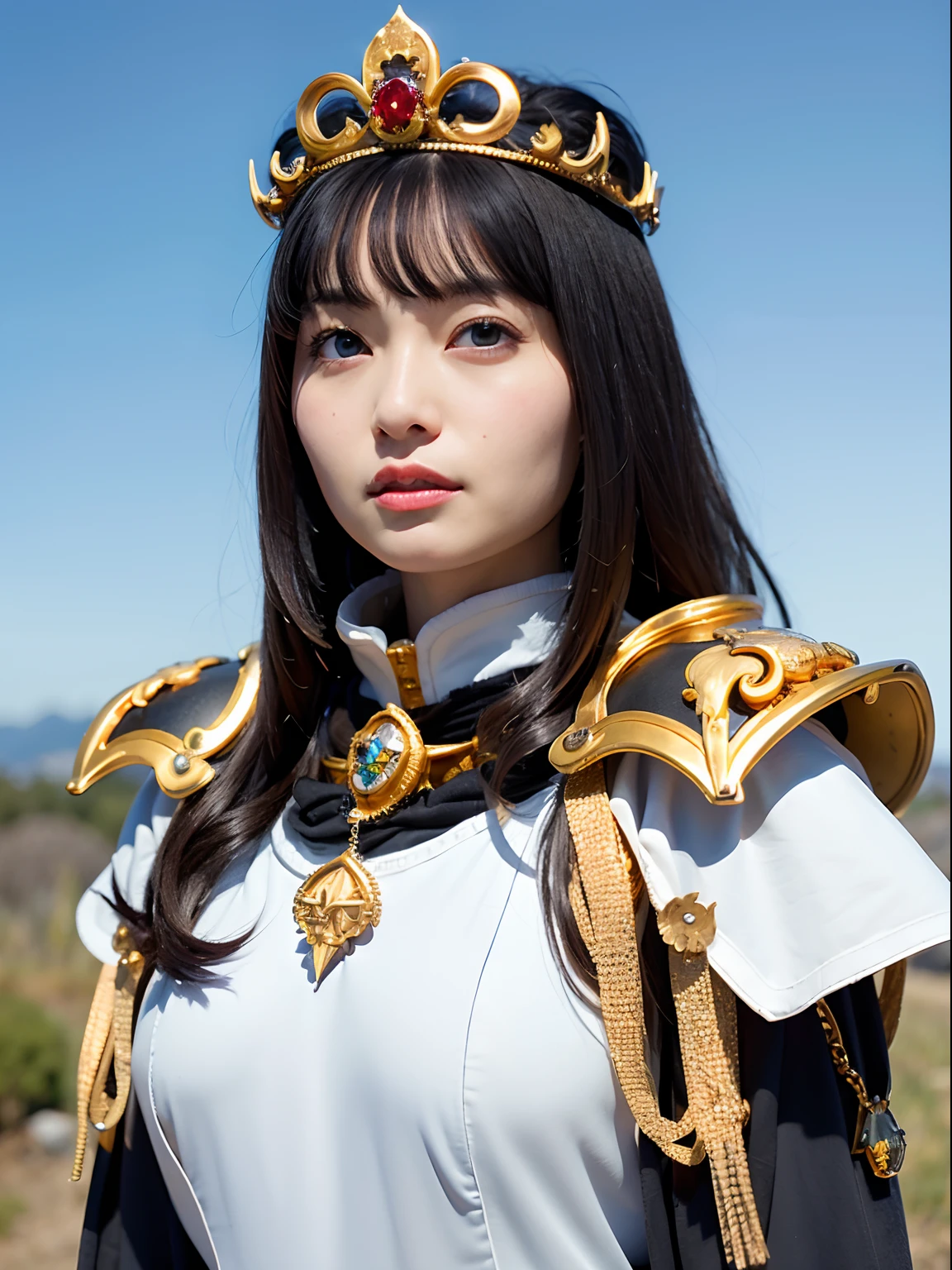 (masutepiece), Professional , ​masterpiece、top-quality、photos realistic , depth of fields （Gemstone Silver Metal Body:1.９),(Matte White、Jewel Gold Weapon（Jewel Metal Body:1.４),Gorgeous metal weapons , Detailed Sword of the Brave , Beautiful knife   ,warhammer 40k , adepta sororitas,Detail and ornate jewel crown、Black hair、Gangle's forest background、Beautiful Caucasian beauty、１a person、dynamic ungle,(((Detailed and ornate diamond crown)))、Smaller head、A smile、Take a sexy pose、Background inside the castle、Thin and beautiful female hands、cleavage of the breast、Soldier in iron armor on background、Soldier in iron armor on background、