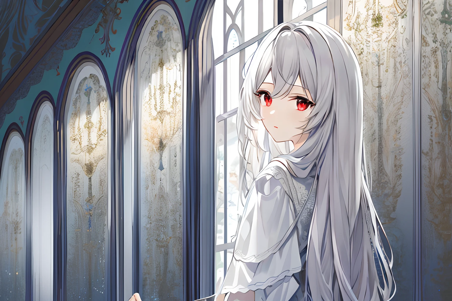 ((tmasterpiece,best qualtiy))++, detailedlight+, Detail hair+, Detail hands+ ,1girll, woman, long whitr hair, Dark red eyes, beautidful eyes, Young gray hair,,,(Beautiful white hair:1.5),(beatiful detailed eyes), A high resolution+,white pajama,white skirt,Glass tones,Reflective eyes,Very detailed wallpaper,primitive,naturey,