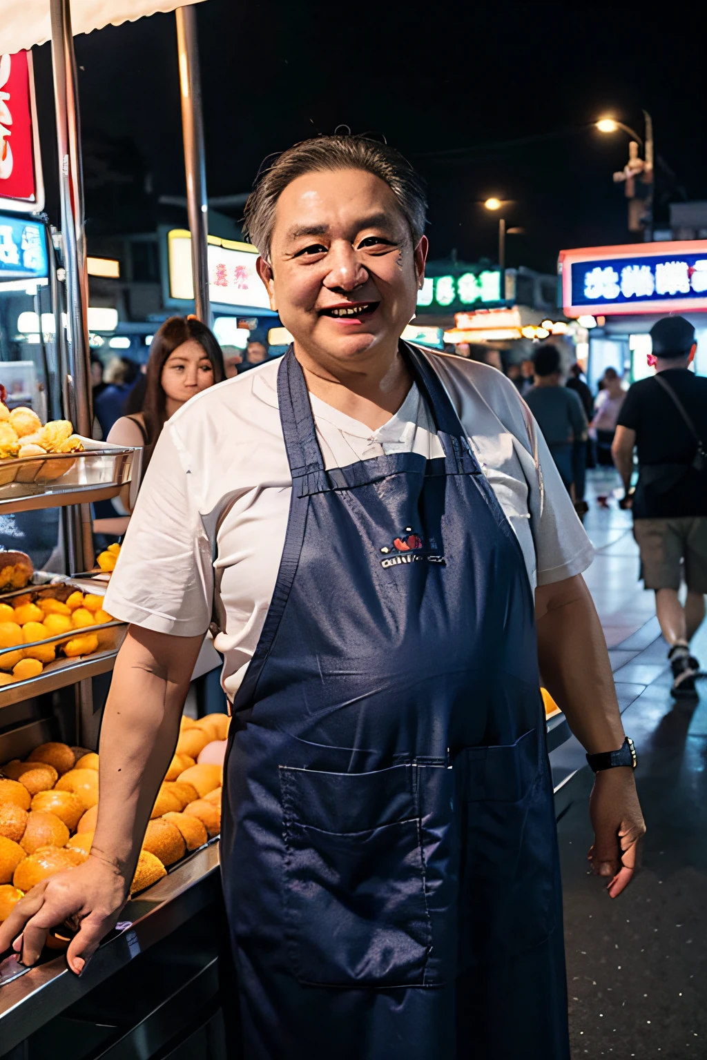 Kevin Lee
Fat Taiwanese Man、Old Man、８０age。at the night market「Sweet potato balls」Owns a store of。maru々and face、Wrinkled face。shaven、white  hair。Wearing an apron。Fat and a big body、Blue clothes。Friendly smile。