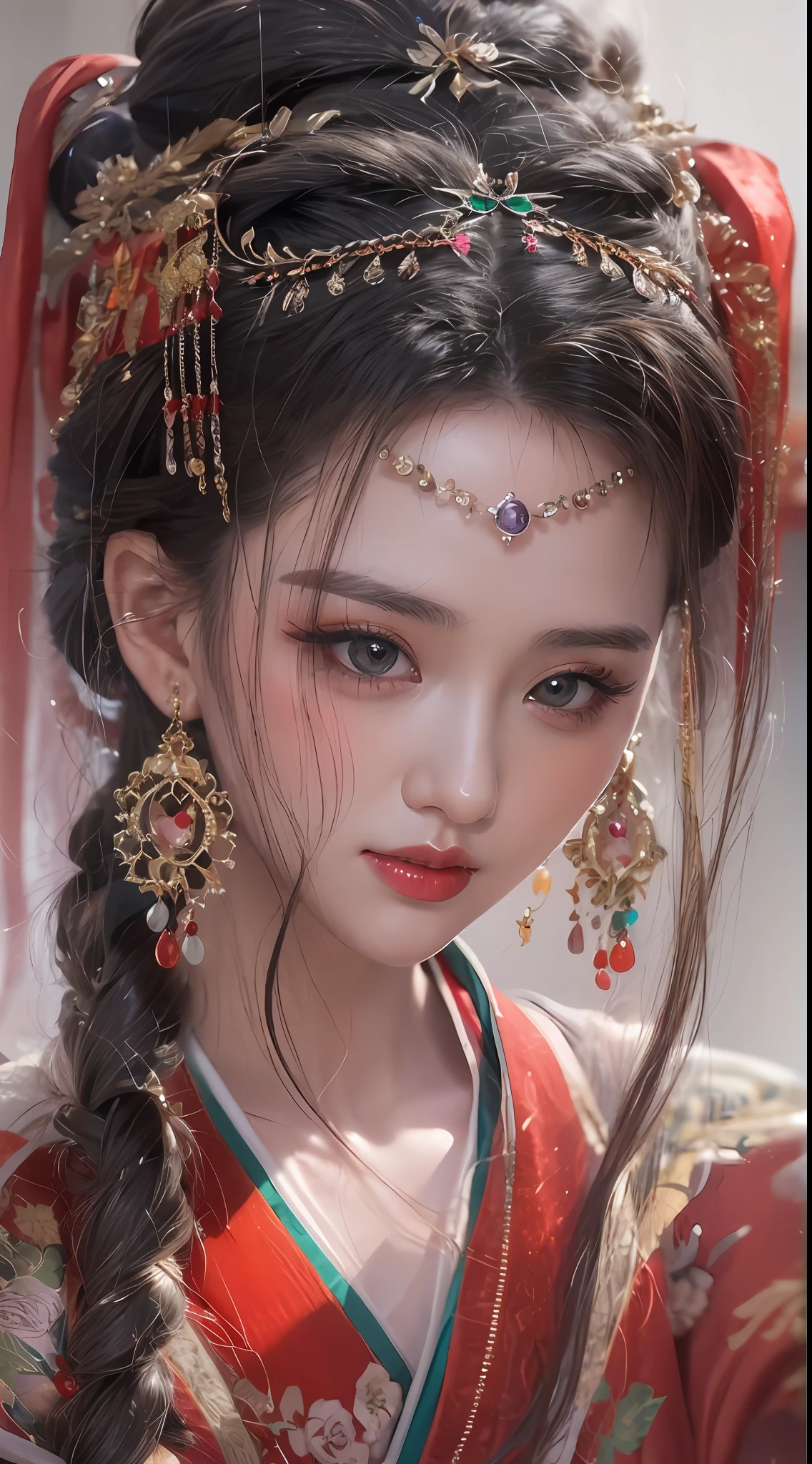 1 very beautiful queen medusha in hanfu dress, thin red silk shirt with many yellow motifs, black lace top, long hair dyed black, beautiful hair jewelry, extremely detailed and exquisitely crafted jewelry, gold jewelry, red ruby inlaid necklaces, pretty face pretty, perfect face, earring jewelry, head and hair jewelry, antique jewelry, big eyes, sharp eye makeup, meticulous makeup eyelashes, thin eyebrows, nose tall, pretty red lips, no smile, ((closed mouth:0.9)), pursed lips, rosy cheeks, breast augmentation, round lifting breasts, moderately large breasts, well-proportioned breasts, slim waist, slim waist, red mesh stockings with black lace, Chinese hanfu style, fictional art patterns, colors vivid and realistic, RAW photos, realistic photos, ultra-high quality 8k surreal photos, cool photos, (virtual lighting effects: 1.8), 10x pixels, magic effects (background): 1.8), eyes wide open, super detailed eyes, beautiful girl body portrait, girl alone, ancient hanfu background, looking directly at the audience, wide original photo, 8k quality, super sharp, detailed and clear picture best, detailed light background,