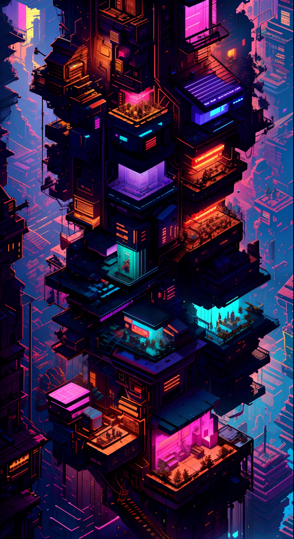 （（best qualtiy））， （（tmasterpiece））， （The is very detailed：5.5），Best quality, Cyberpunk cyberpunk street scene, Cityscape, Dazzling cyberpunk skyscrapers, Neon signs, LED lights, Wet and rainy, Bright and vivid color scheme, anime big breast, illustration, Intricate details, Ultra detailed, Cinematic lighting, Dark shadows.。.3D，（isometry：4.4）， without humans， StackedCityAI， Welcome to the new track，Huge big city，Twinkling skyscrapers pierce the night sky，Luminous circuits are woven in all aspects of life。In this isometric cyberpunk metropolis，The physical and digital realms are intertwined，You'll find yourself at the center of a thrilling conspiracy。As you drive through the dazzling streets，Your eyes will be drawn to the mesmerizing glow of the elevated data highway that criss-crosses the cityscape。Vibrant light flow and information pulsation，Connecting the inhabitants of NeoCircuit to a world of endless possibilities。Isometric views reveal the intricate layers of the city，Bustling street display、Towering arcs and secret alleys that hide secrets and opportunities。But in this neon-lit maze，Something insidious lurks in the shadows。The city's power broker、Elusive hackers and corrupt companies vie for control，Use advanced technology to manipulate city dwellers。strong artificial intelligence，It is called an oracle，Pull the strings from the depths of cyberspace，Its true intentions are obscured by mystery，Extremely clear equidistant and incredible piping system，The number of steel stairs is very small，Extremely clear equidistant and incredible containers，Cyberpunk-style gangster territory，There is very little barbed wire，Extremely clear isometric and incredible house structure，（HighDynamicRange），Ray traching，NVIDIA RTX，Hyper-Resolution，Unreal 5，sub surface scattering，PBR textures，post-proces，Anisotropy Filtering，depth of fields，Maximum clarity and sharpness，Many-Layer Textures，Albedo e mapas Speculares，Surface coloring，Accurate simulation of photo-material interactions，perf