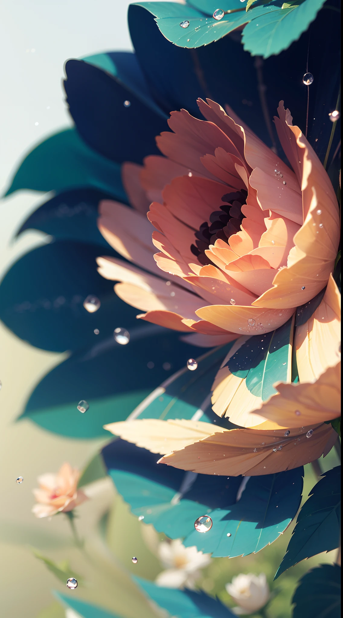 Masterpiece , Macro photography , cobweb, film grain, bokeh , smoke , highly detailed, Bright sunny weather, microflowers, drops, blur, realistic fluffy rose and shaggy peony close-up, azure background, soft contrast, octane render ,