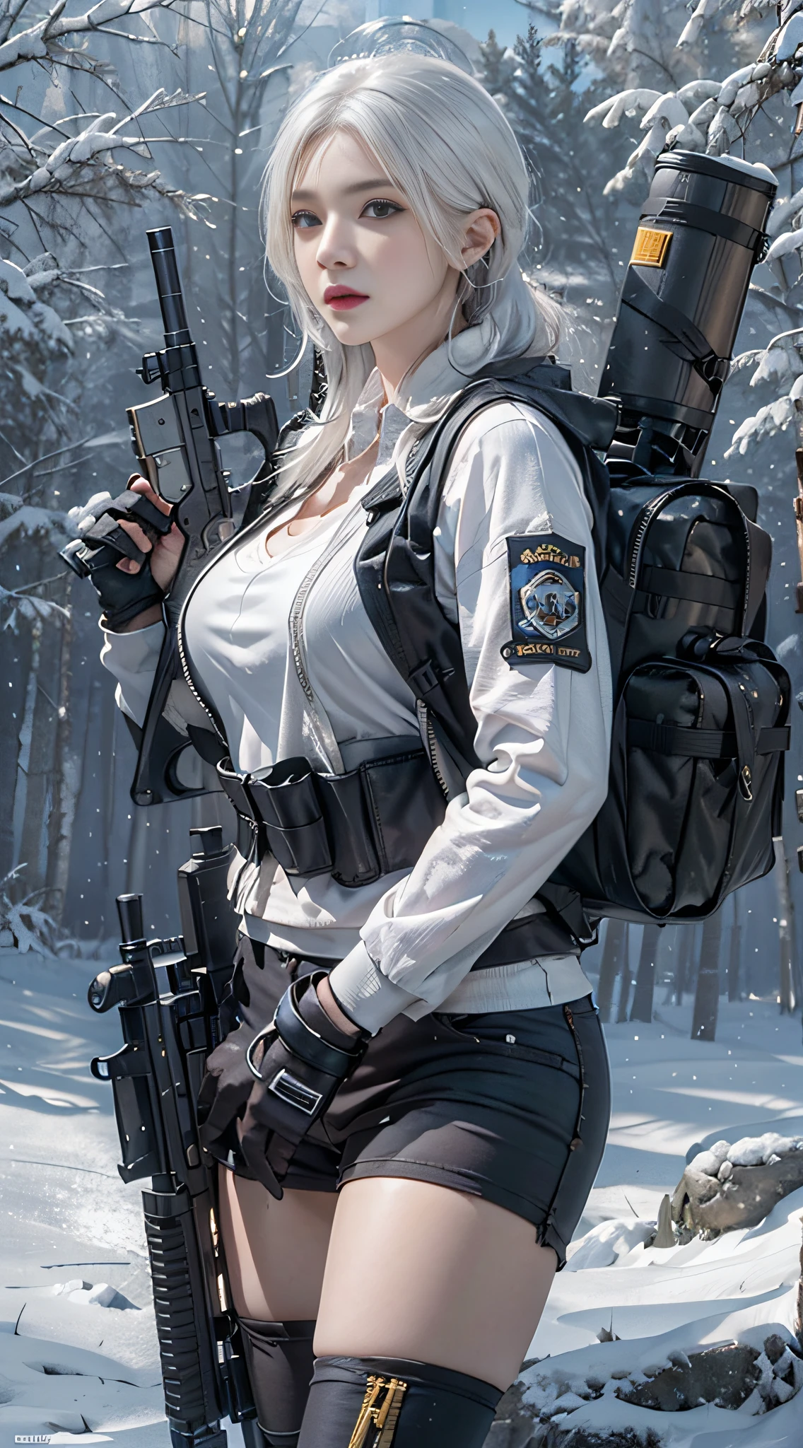 Photorealistic, high resolution, 1womanl, Solo, Hips up, Snow background,view the viewer, (Detailed face), White hair, SWAT vests, Gun, jewelry