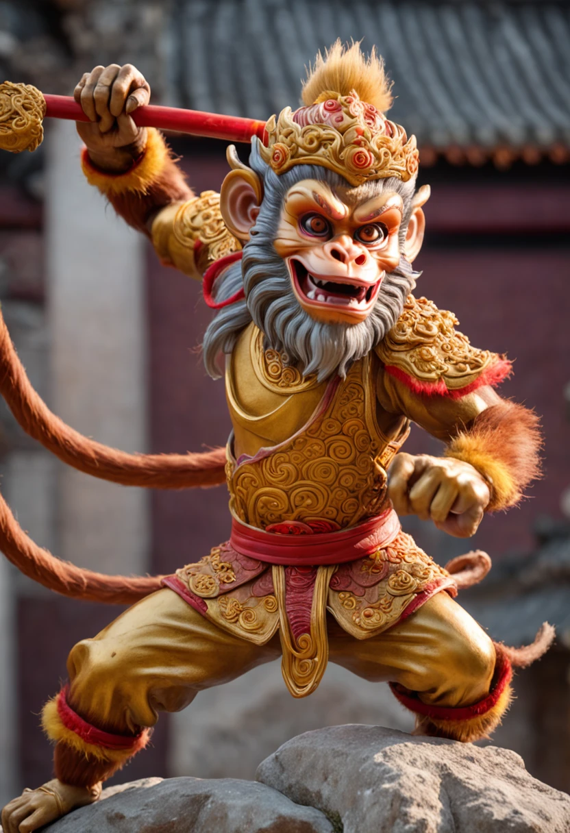 "Monkey King Sun Wukong in a powerful and majestic pose, showcasing his strength and mystical abilities. Detailed facial features with fiery eyes and a mischievous smile. Dramatic lighting with vibrant colors and dynamic shadows. Surrounding environment features ancient Chinese architecture, swirling clouds, and mythical creatures. Feel the energy and power emanating from the Monkey King as he embodies the spirit of adventure and heroism."