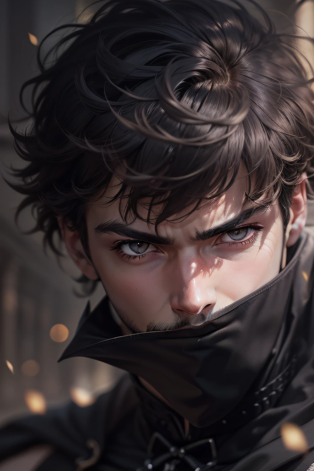 Masterpiece, Best quality, Realistic, 1人, Young males, Quiet and charming young man, 25 age old, Closed mouth, Portrait, Extremely detailed face, A little far, ((Dark eyes)), ((Right sweep short dark brown hair)), [Thick eyebrows], Dark Palace, ((long black cape)), (King of Evil), ((All black cloth))
