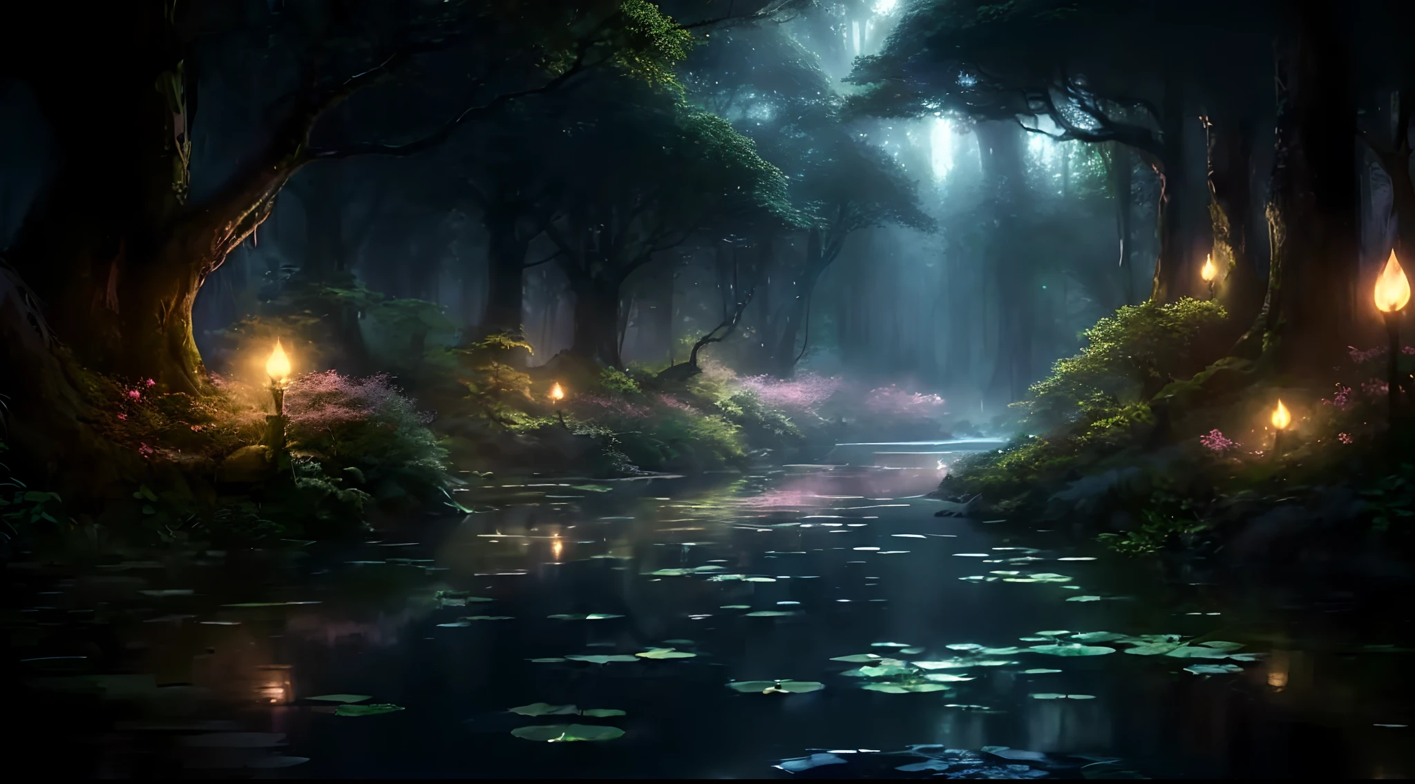 a dark forest with a stream and lots of water lillies, magical environment, mystical forest lagoon, magical fantasy forest, magical forest in the background, fantasy forest, magical forest, enchanted and magic forest, enchanted magical fantasy forest, magical forest backround, andreas rocha style, a fantasy forest, peaceful elven forest, magical landscape, fantasy forest environment, enchanted forest