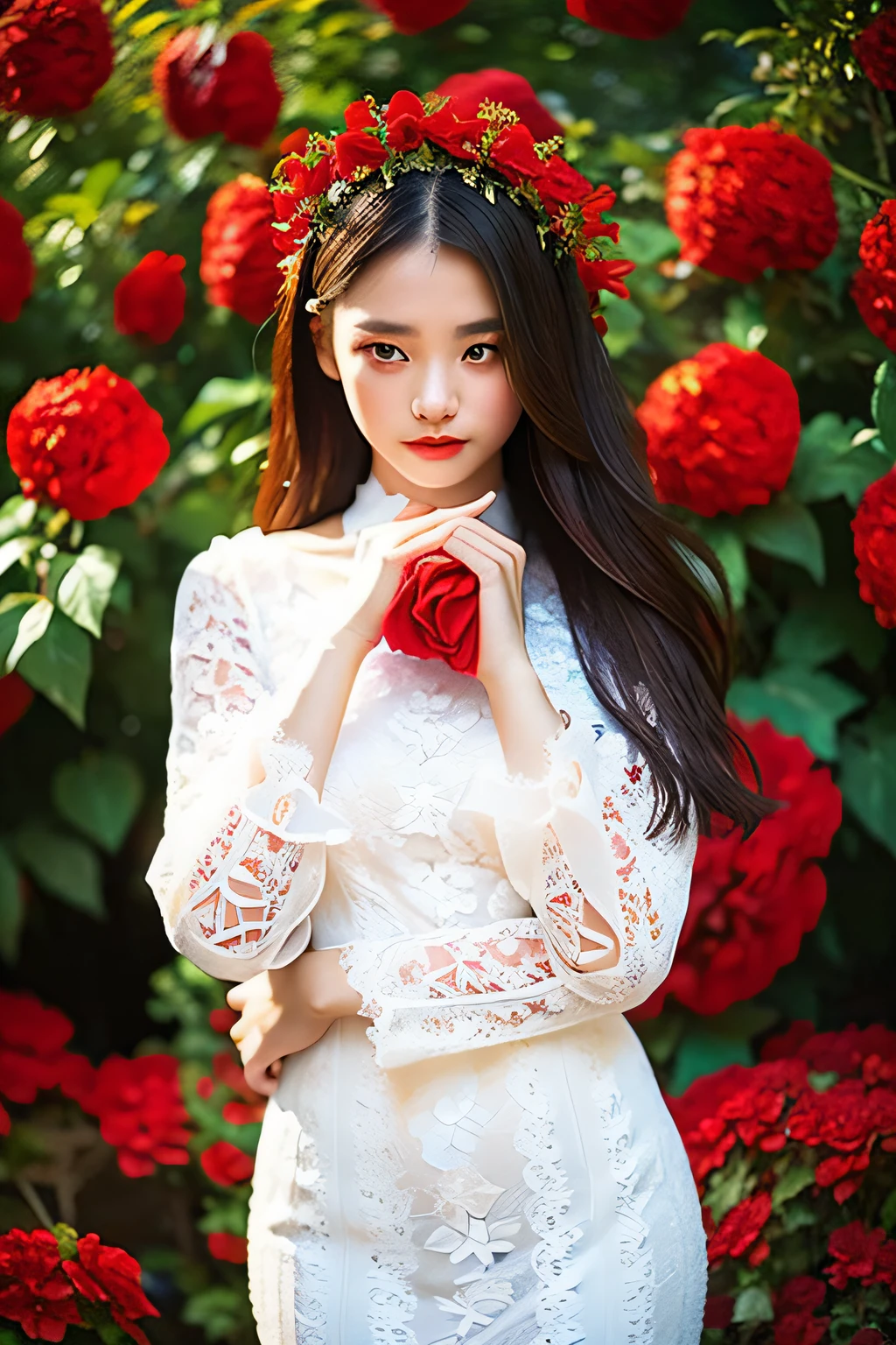 dark themed、(top-quality、​masterpiece:1.2)、18 year old girl in the garden、White lace long sleeve dress、(Confusion of red flowers in the background:1.3)、Pose Keeping