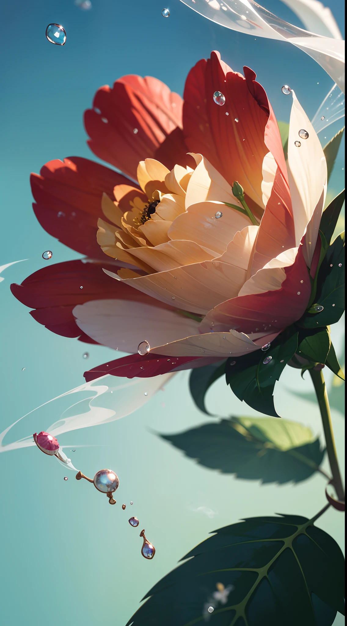 Masterpiece , Macro photography , cobweb, film grain, bokeh , smoke , highly detailed, Bright sunny weather, microflowers, drops, blur, realistic fluffy rose and shaggy peony close-up, azure background, soft contrast, octane render ,