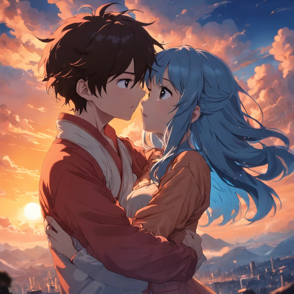 tmasterpiece，best qualtiy，cinematic Film still from，1girll，Cloud boy and girl hug，Floating in the sky，closeup cleavage，brightly，cheerfulness，Warm and soft lighting，the sunset