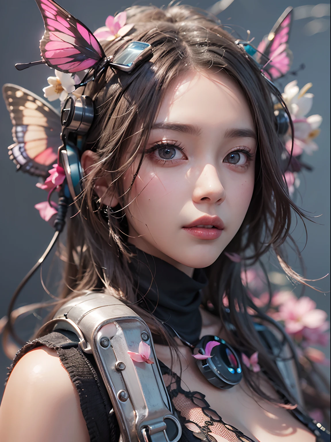 ((best qualtiy)), ((tmasterpiece)), (detail:1.4), 。.3D, Beautiful cyberpunk female images,hdr(HighDynamicRange),Ray traching,NVIDIA RTX,Hyper-Resolution,illusory 5,Sub-surface scattering,PBR textures,post-proces,Anisotropic filtration,depth of fields,maximum definition and sharpness,Many-Layer Textures,Albedo e mapas Speculares,Surface coloring,Mitsu-Accurate simulation of material interactions,perfectly proportioned,rendering by octane,Two-colored light,largeaperture,Low ISO,White balance,Rule three points、8K raw data、beautiful bright pupils,Off-the-shoulder clothing,Fine pupils,Delicate face and eyes,long eyelasher,Blushlush,Delicate and fluffy hair,Pink lips,Pure,Cute big breasts,Sweet girl,Artistic sense,Casual wear,Advancedsense,Butterflies,Cherry blossom petal,Beautiful hair accessories