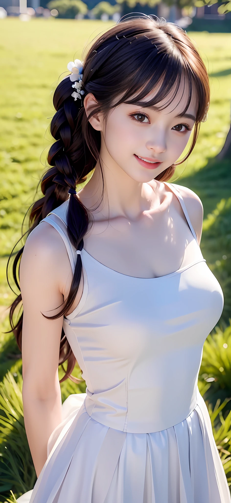 18-year-old smiling female classmate,(best qualtiy,8K,tmasterpiece:1.3),Goose egg face,largeeyes,long eyelasher,Exquisite(live-action realistic style),Star-like eyes,Ultimate face,Photorealistic light and shadow,Clear facial features,Milky white skin,Fair skin, highdetailskin, Realistic skin details, Visible Pore,(Super detail),(perfect bodies:1.1),Two braids,Hanfu,Ribbons,(dynamicposes),((Dynamic background((volumettic light:1.3)) ,grassy fields,school ground