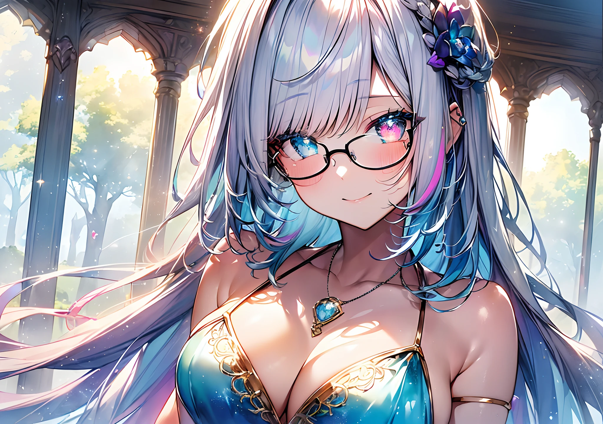 ((​masterpiece、top-quality、Watercolor art(Pendants)、Official art、Beautifully Aesthetic:1.2))、1girl、full body, (Fractal Art:1.3)、full body Esbian、((Glitter pupils))、patterns、((blue-colored hair、colourful hair、Half blue and half white hair:1.2))、colourfull、(Silver-rimmed glasses)、Writing、heterochromia iridis、(colourfull:1.5)、(Dress)、(blushing: 1), (mansion)、((Shy face))、((maikurobikini))、(Standing)、(Hyper-detailing), ((delicate detail)), (intricate detailes), ((ciinematic light, best quality backlight)), highcontrast, ((The best lighting, extremely delicate and beautiful)), ((ciinematic light))、(ray trace reflection、brilliance)、((glowing aura))、((Radiant hair))、((The ultra-detailliert))、((8K))