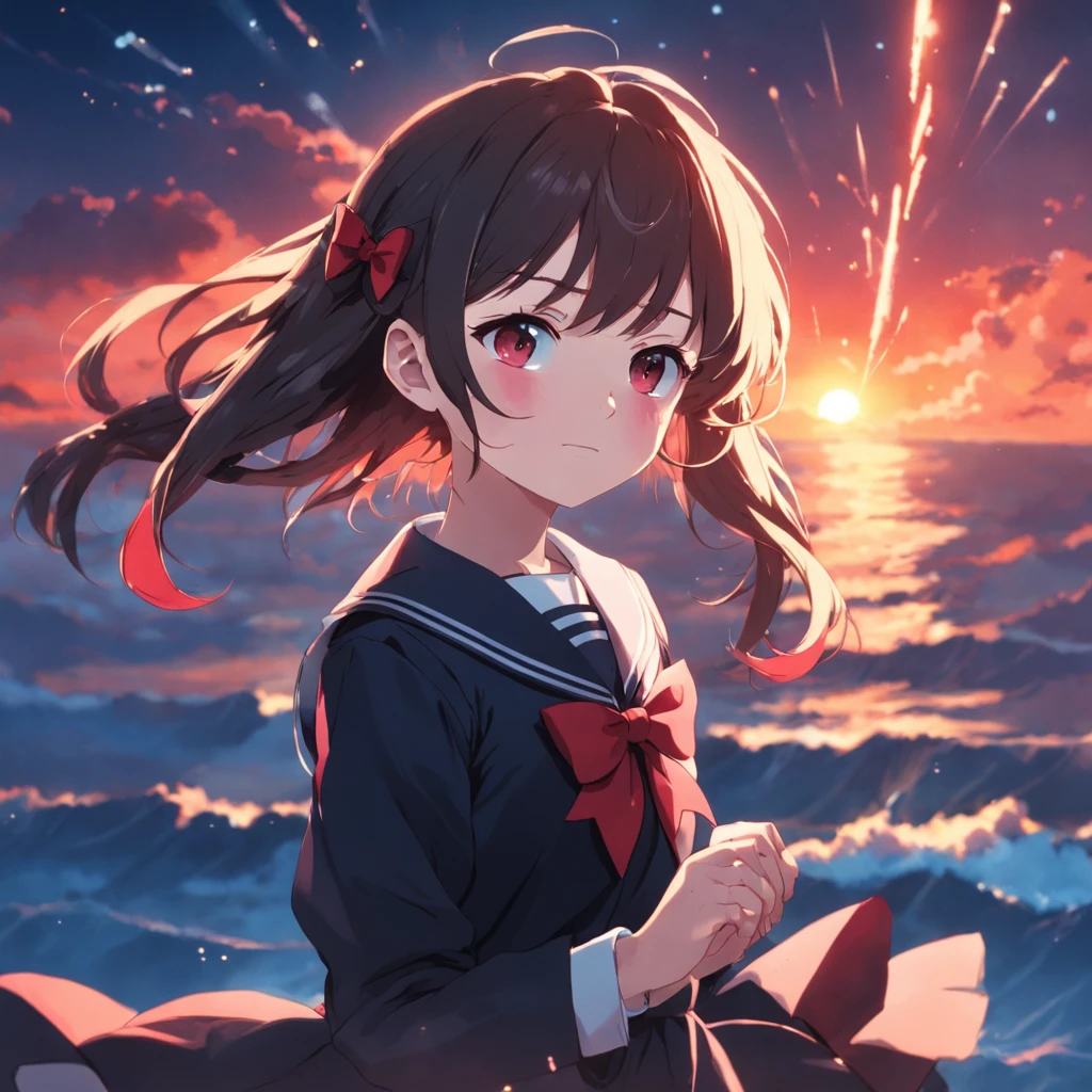 masterpiece, best quality, movie still, 1girl, wearing black sailor uniform with red bow, floating in the sky, close-up, bright, happy, warm soft lighting, sunset, (sparks:0.7)