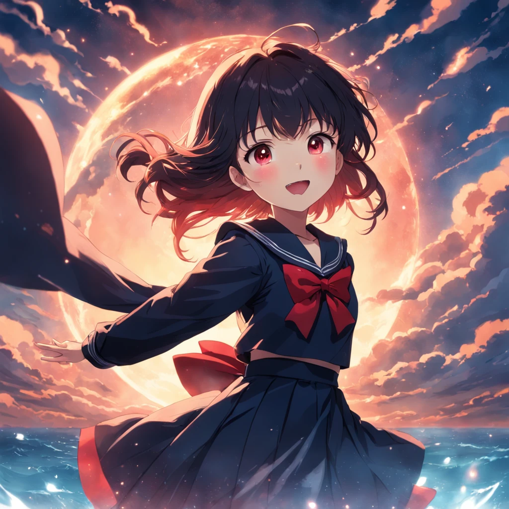 masterpiece, best quality, movie still, 1girl, wearing black sailor uniform with red bow, floating in the sky, close-up, bright, happy, warm soft lighting, sunset, (sparks:0.7)