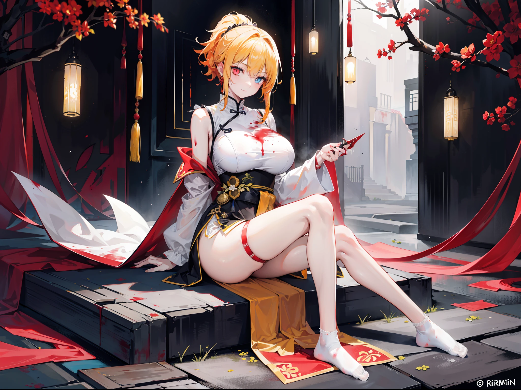 Beautiful girl with orange-yellow hair color，curlies，short detailed hair，High ponytail，He wore a blood-stained ancient yellow and white long-sleeved training uniform，Hidden knives in clothes，open waist，Wear yellow-black shorts，White stockings stained with blood，Barefoot，assassins，Sunny smile，Tall and tall，Sitting in an ancient Chinese courtyard full of blood strewn with corpses at dusk，dark stormy clouds，China-style，huge tit，抖S，Full body photo，Extremely thin，extremely hyper，long white socks，assassins，The legs are very thin，Best quality at best，High- sharpness，tmasterpiece，Holding a blood-stained short knife，His body was covered in blood，Sick，Heterochromic pupils，morbid，Murderer，Extremely tall，Heterochromic pupils，being thin，Be covered in blood，Bodies are strewn across the field，blood vess，The demons，Dim dusk background，Be covered in blood，Rivers of blood flow，terroral