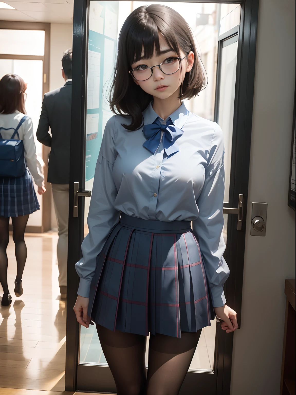 (8K、Raw photography、top-quality、masterpiece:1.2),watching at viewers,Looking at the front,Long bob cut,Bullish,Muchimuchi,Erotic,Pupils,Light Blue Bra,de pele branca,kne,(Black pantyhose),absurderes,a small face,small tits,flat breast,Parting the bangs from the middle、Forehead visible,(a cold expression,Tight eyes,glares,Bullish,skinny,Rasping,irate)、masterpiece,top-quality、超A high resolution,Raw photo,ren,Beautiful fece,One Person, 独奏,eye glass,,Dark look,Small breasts,fullllbody,Round glasses、cute little、Back to Student,JK school uniform,hi-school girl,A Japanese Lady,is standing,(Photorealsitic:1.37)、Photon mapping,Realistic、Cute little face,Brown-eyed、Black socks、(Red bow tie)、Radio City、Physically Based Rendering、Foreground、depth of fields、Blurry background、a picture,The girls、Body,beauty legs, Long legs, Thin leg,Tie your hair into one strand on your chest,(Bangs are visible), hair, s lips, Blue_The eye, nosesoft,(Light blue shirt), (Navy and blue and white plaid pleated skirt), Knees are visible,Sheer clothing,, Thigh, Black cotton socks,Nogizaka Idol, 女優, Japanese ido