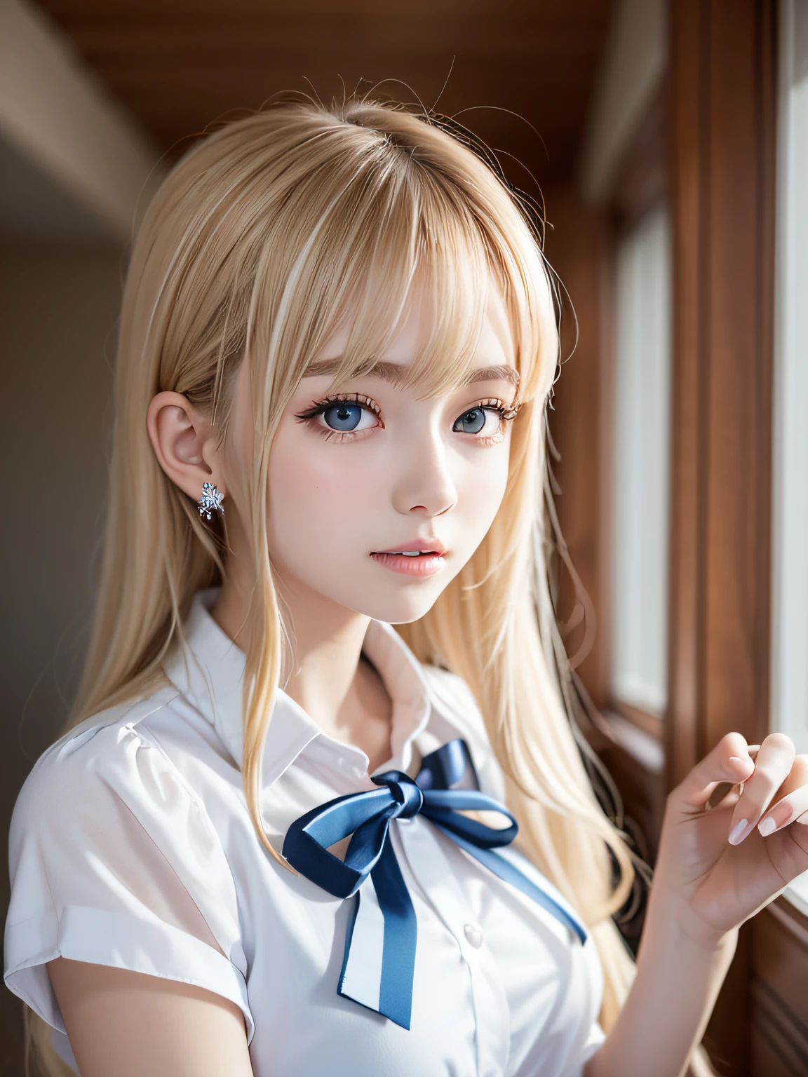 portlate、School Uniforms、bright expression、poneyTail、Young shiny shiny white shiny skin、Best Looks、Blonde reflected light、Platinum blonde hair with dazzling highlights、shiny light hair,、Super long silky straight hair、Beautiful bangs that shine、Glowing crystal clear attractive big blue eyes、Very beautiful nice cute 16 year old girl、Lush bust,White and beautiful blouse、((Rejoice with the whole body 1.5))++、