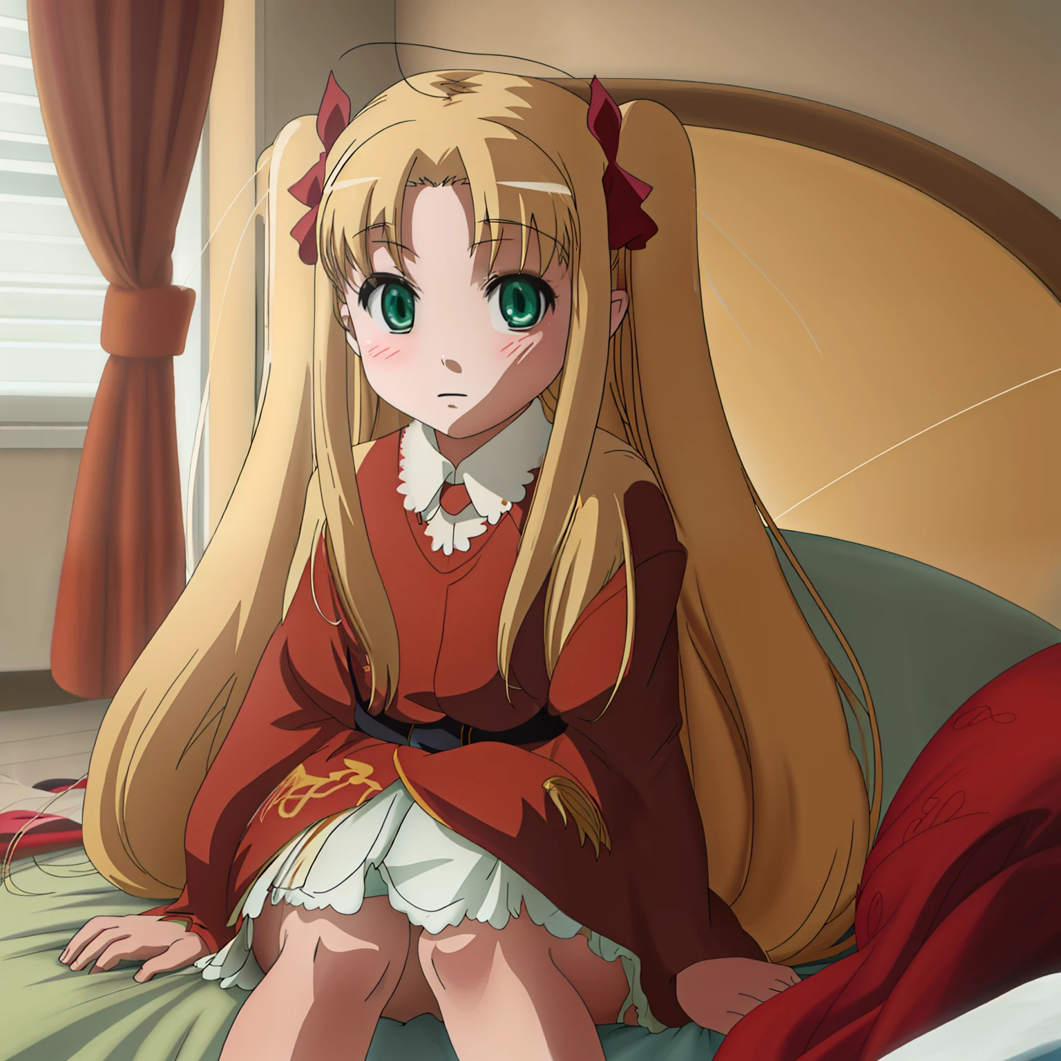 Anime girl Lucy sitting on bed,Golden anime girl with red blanket and long hair,Cute cute girl,is an anime goddess in the style of destiny,Little curved cute girl in a skirt,is a beautiful anime character。